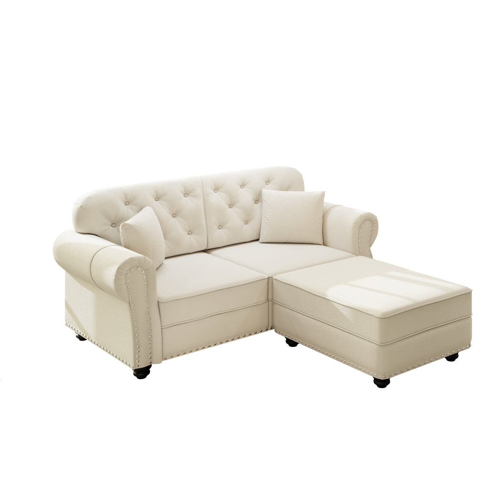 63'Upholstered Velvet Sofa with Nailhead Trim and Rolled Armrests,Mid-Century Modern Chesterfield Sofa with Button Tufted,Includes 2 Pillows,Beige/White