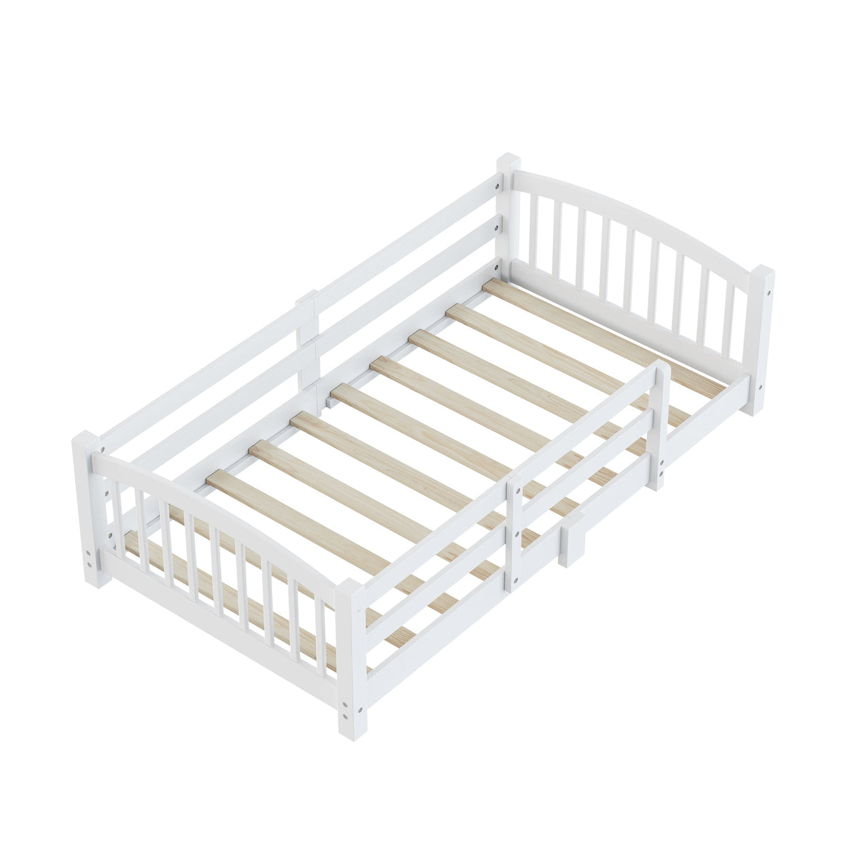 Twin Montessori Floor Bed with Slats and Safety Guardrails, Solid Wood Floor Bed with Fence and Without Door, Easy Assemble Montessori Bed for Girls and Boys, Gray