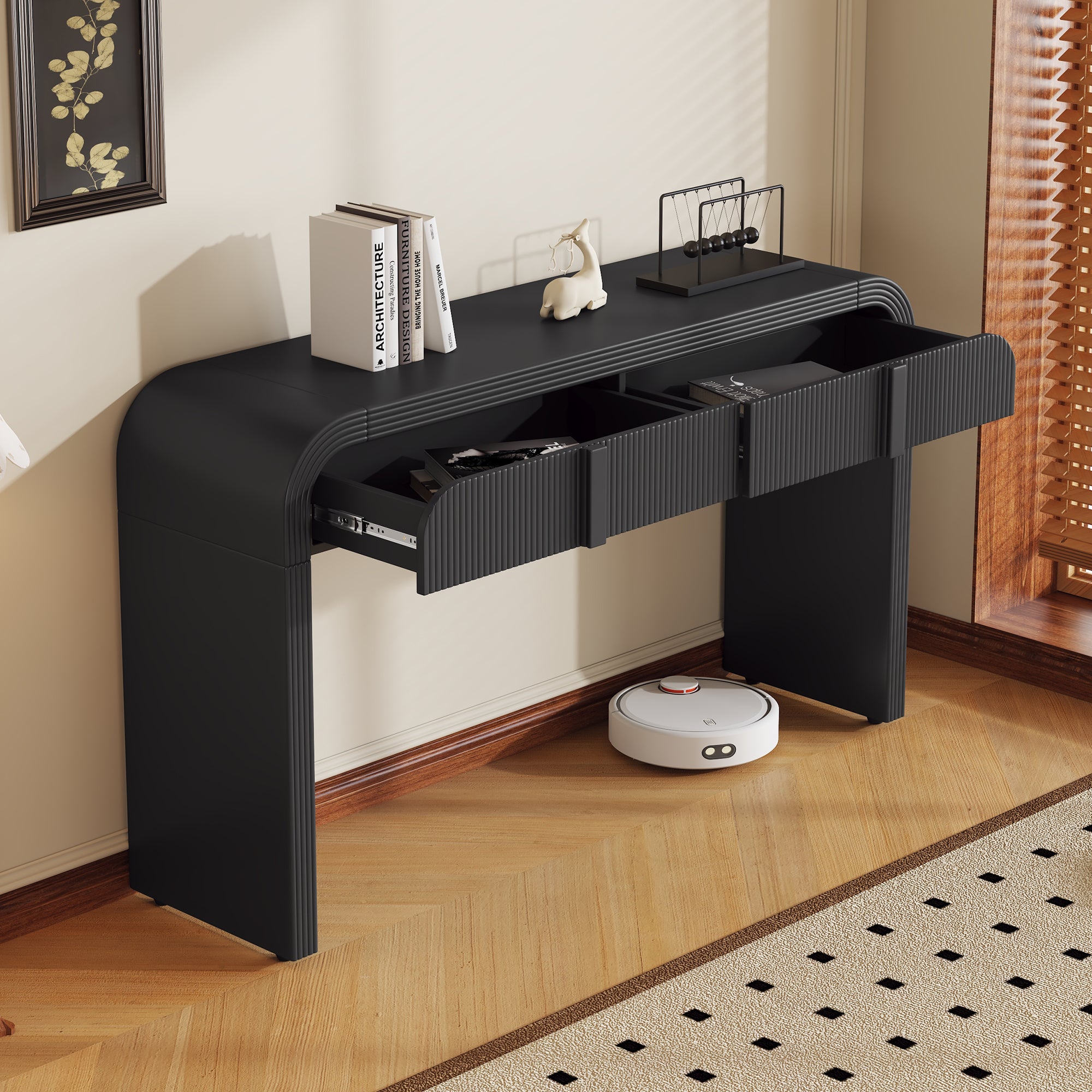 Rounded silhouette console table black — angle view