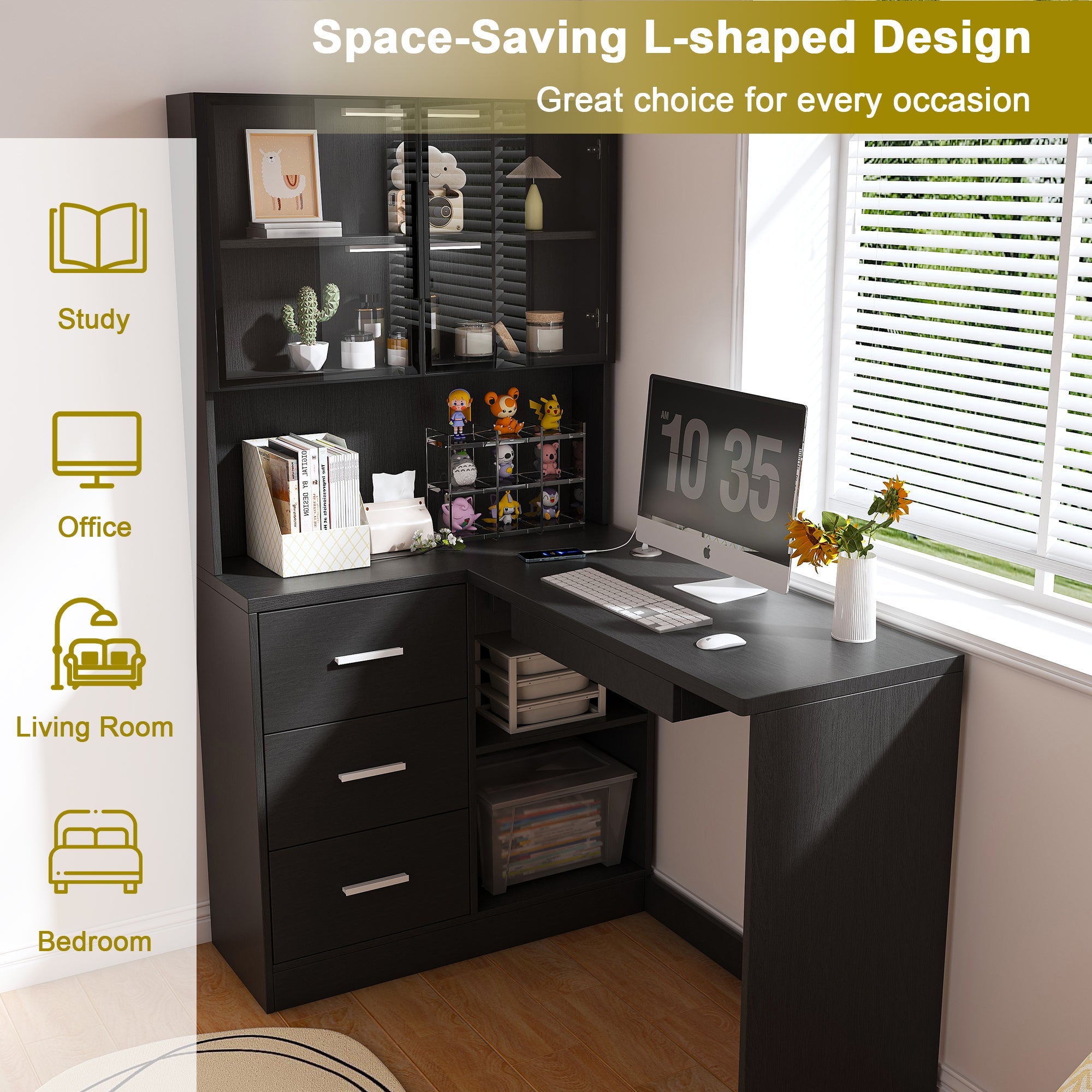L-Shaped Computer Desk with Glass Cabinets, LED Lights & USB Charging — 43-Inch