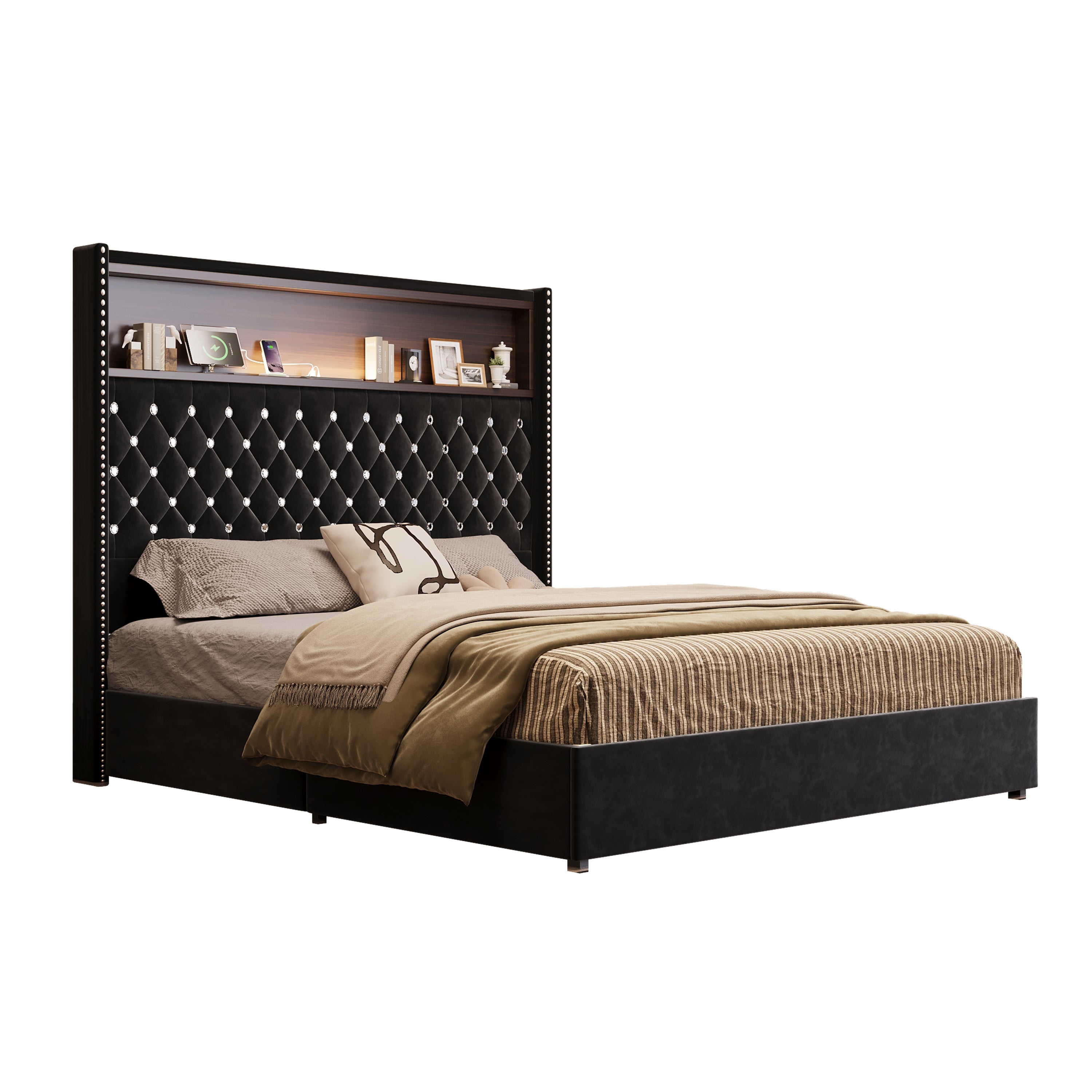 Queen Size Velvet Tufted Soft Bed Frame with USB Port and Night Light,52'' High Headboard with Rivet Decoration, Wing-back Platform Bed with Headboard Shelf, Beige