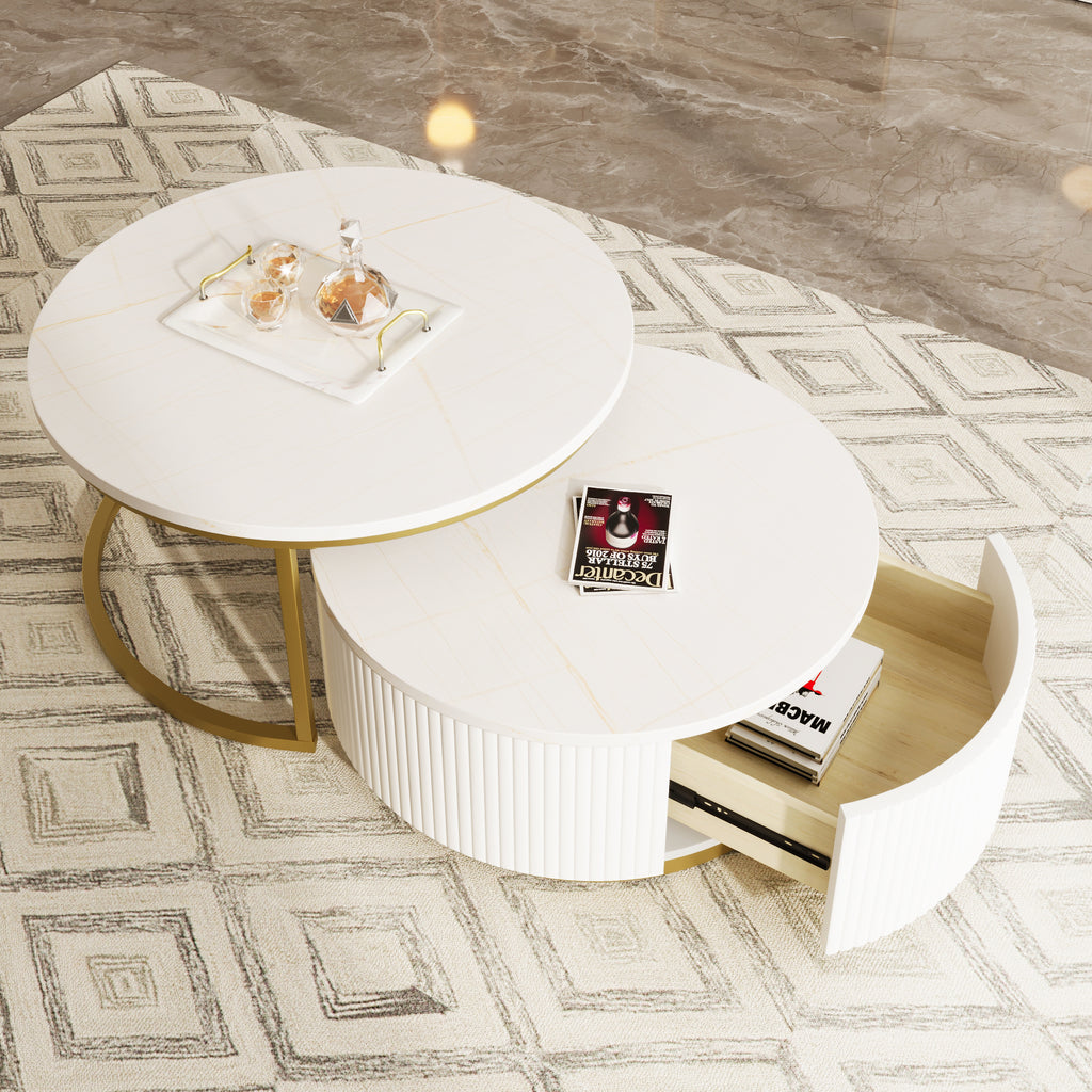 Modern white round coffee table with gold pedestal base