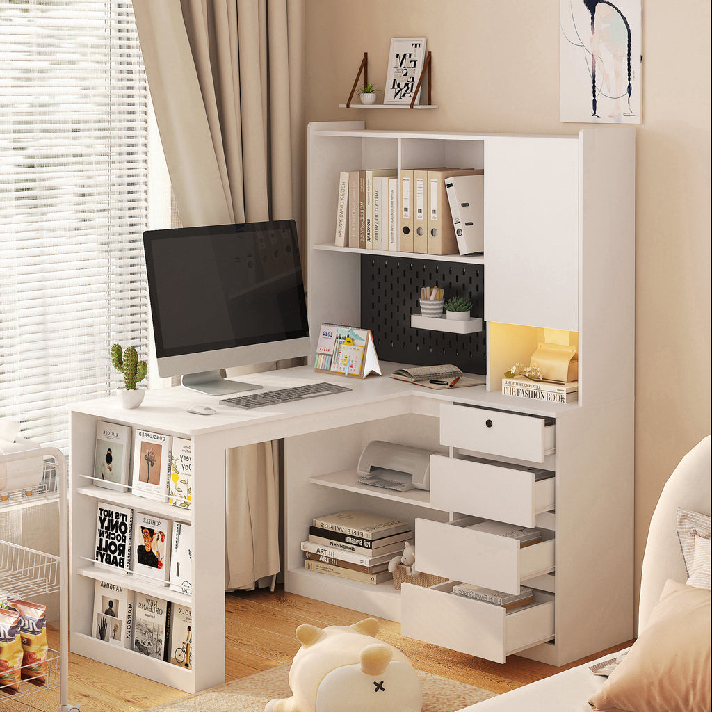 White corner desk with drawers and bookshelf storage