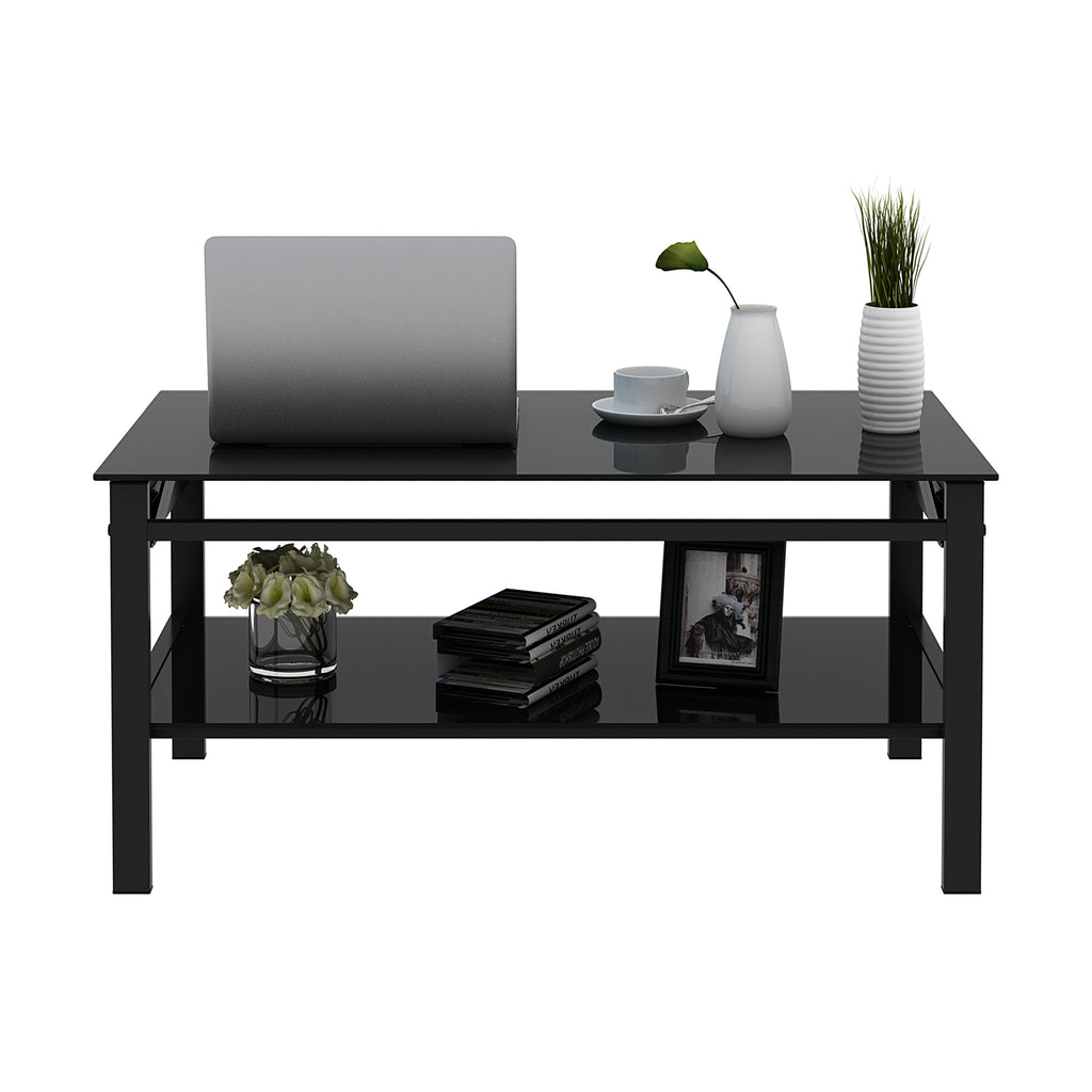 Tempered glass coffee table black finish surface detail