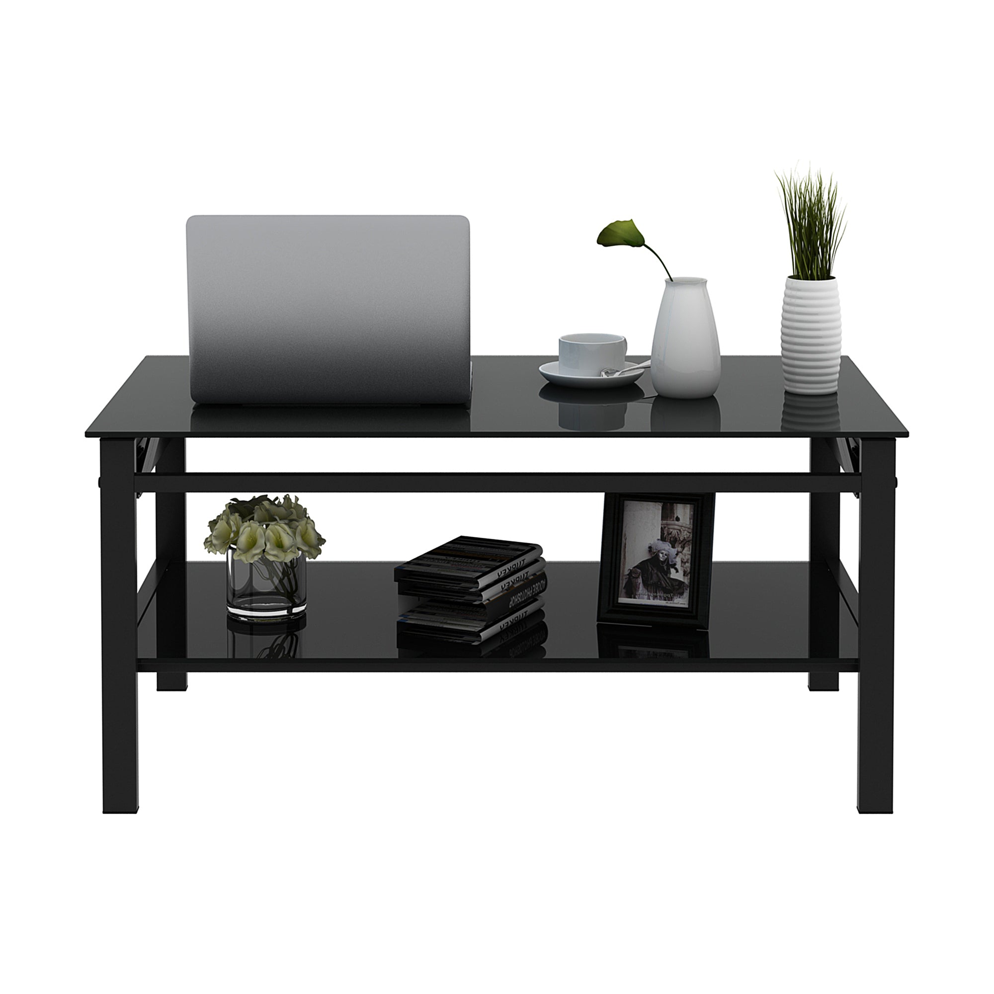 Tempered glass coffee table black finish surface detail