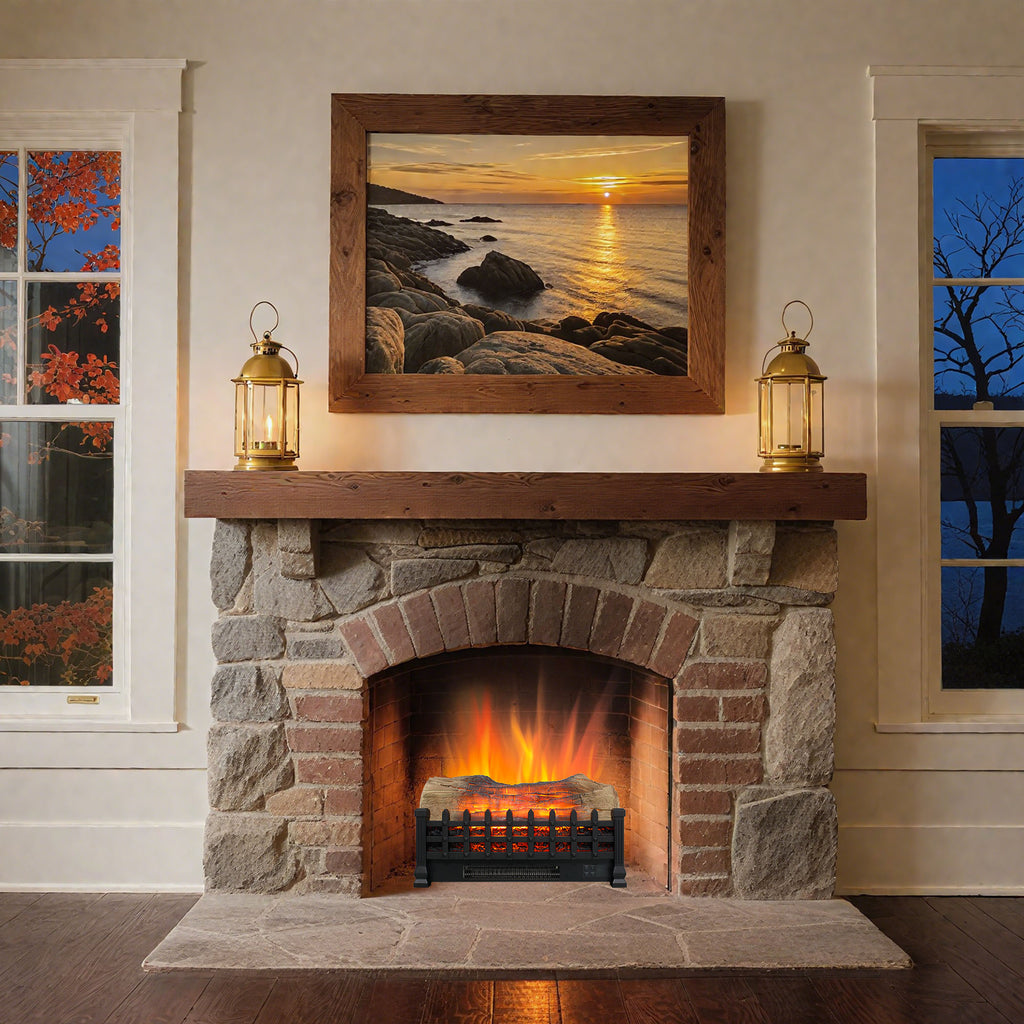 Antique black electric fireplace insert glass front door view