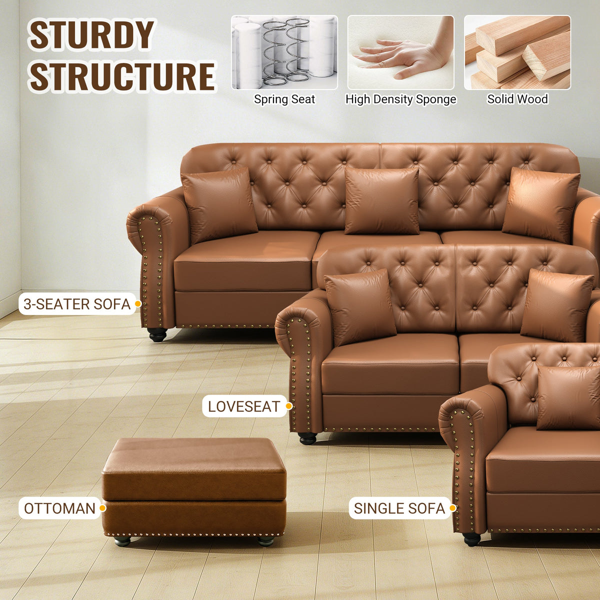 82.6'Upholstered Faux Leather Sofa with Nailhead Trim and Rolled Armrests,Mid-Century Modern Chesterfield Sofa with Button Tufted,Includes 3 Pillows,Black