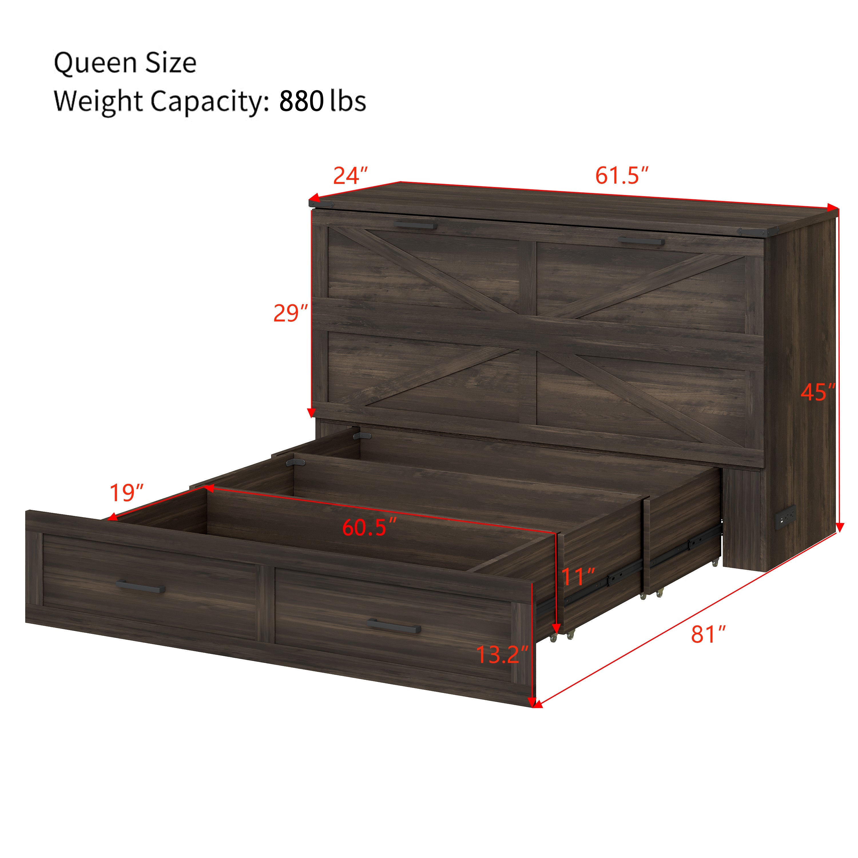 Queen Size Farmhouse Murphy Cabinet Bed with Charging Station, Foldable Platform Bed with Large Storage Drawer for Guest-Room, Small Bedroom, White(Old SKU: N733S237837W)