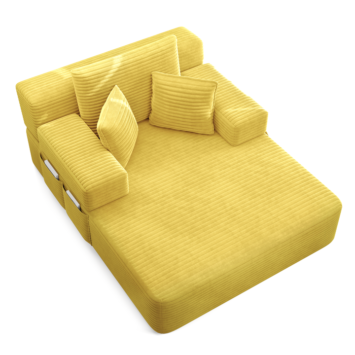 Oversized Plush Corduroy Chaise Lounge Sofa Bed,Convertible Sleeper Couch Bed w/ Storage Pockets,3 Soft Pillows,Multi-Functional Frameless Sofa Couch for Apartment,Home Theater,Guest Room,Beige&White