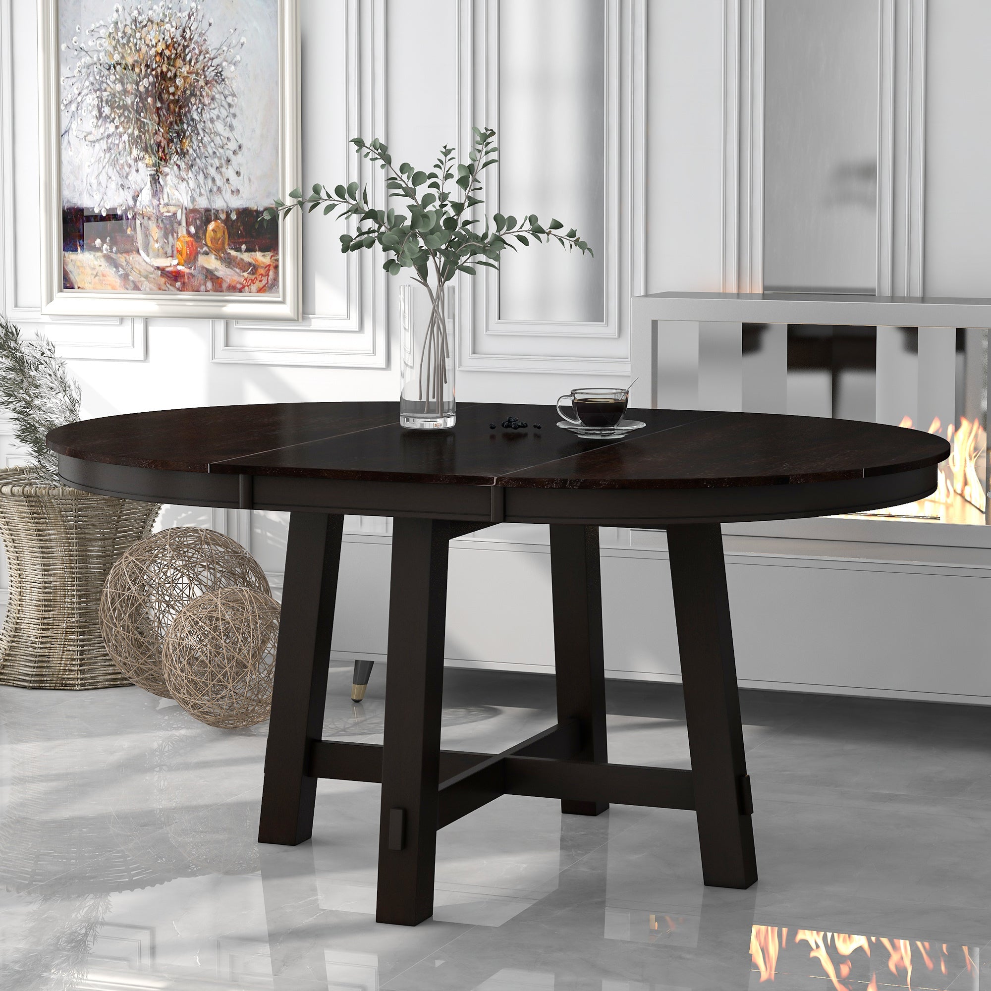 Round Extendable Dining Table — 16" Leaf, X-Base, Seats 6