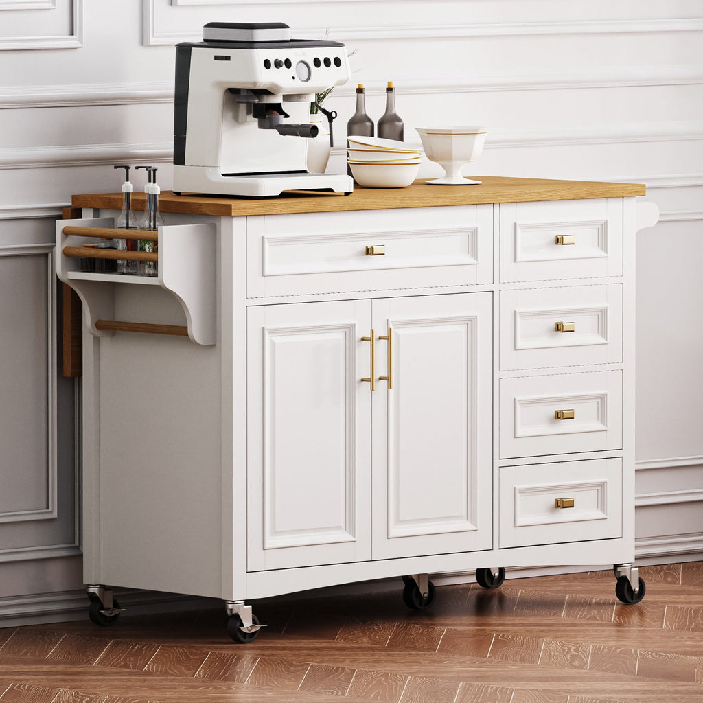 K&K 52'' Kitchen Island with Drop Leaf, Embossed Texture Kitchen Island on Wheels with Spice Rack, Towel Rack, 2 Doors and 5 Drawers, Kitchen Storage Cart with Adjustable Shelf for Kitchen, Blue Grey
