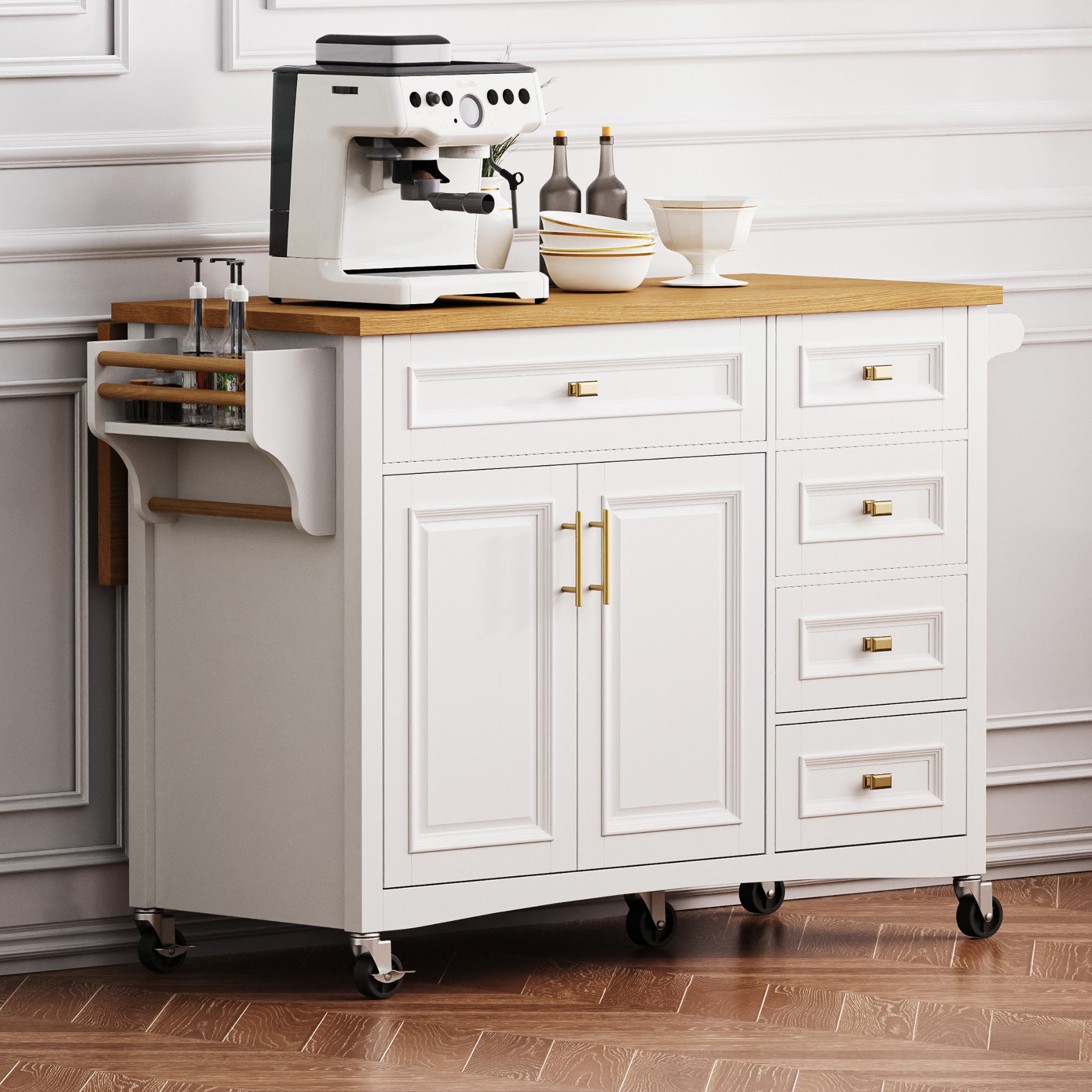 K&K 52'' Kitchen Island with Drop Leaf, Embossed Texture Kitchen Island on Wheels with Spice Rack, Towel Rack, 2 Doors and 5 Drawers, Kitchen Storage Cart with Adjustable Shelf for Kitchen, Blue Grey