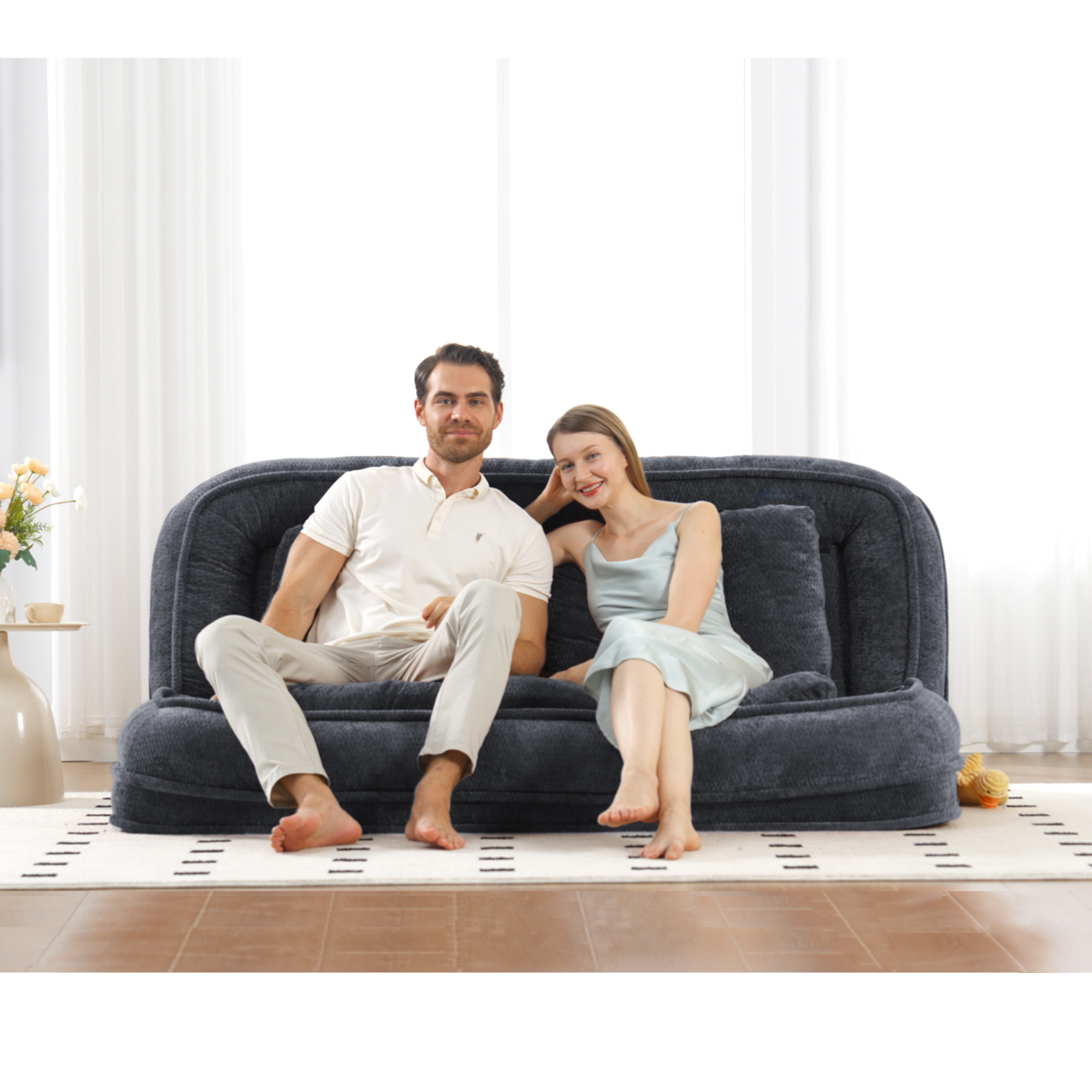 Dark gray chenille lazy sofa 2-seat loveseat — angle view