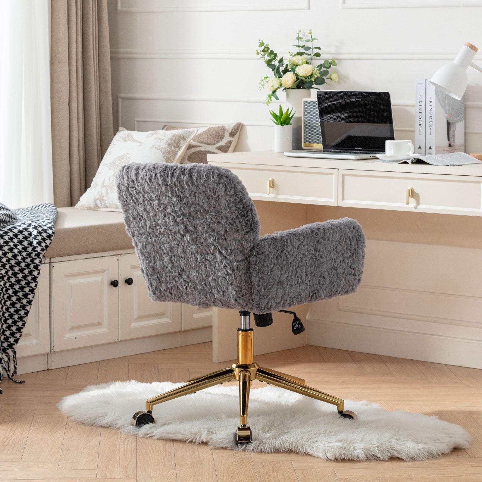 Faux Fur Office Chair — 40° Reclining with Gold Metal Base & Wheels