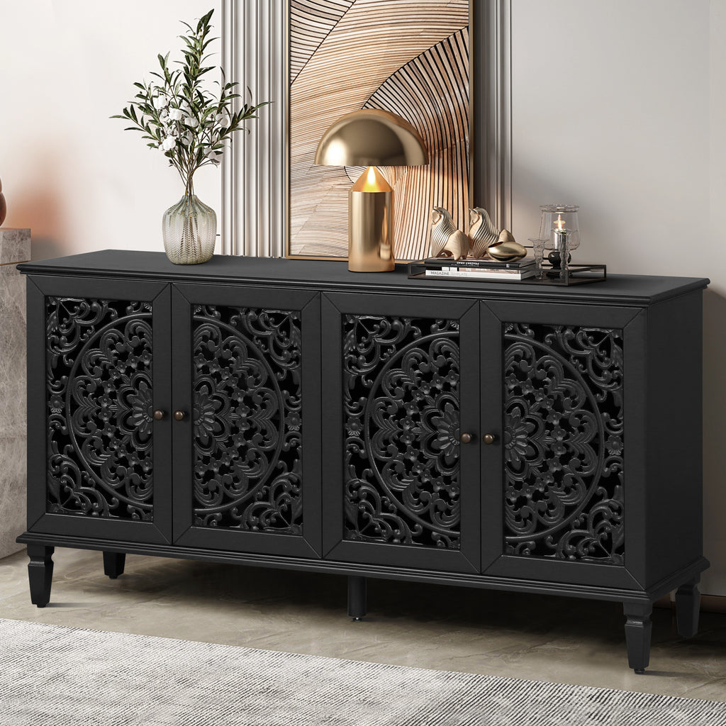 Floral carved door buffet cabinet antique black finish
