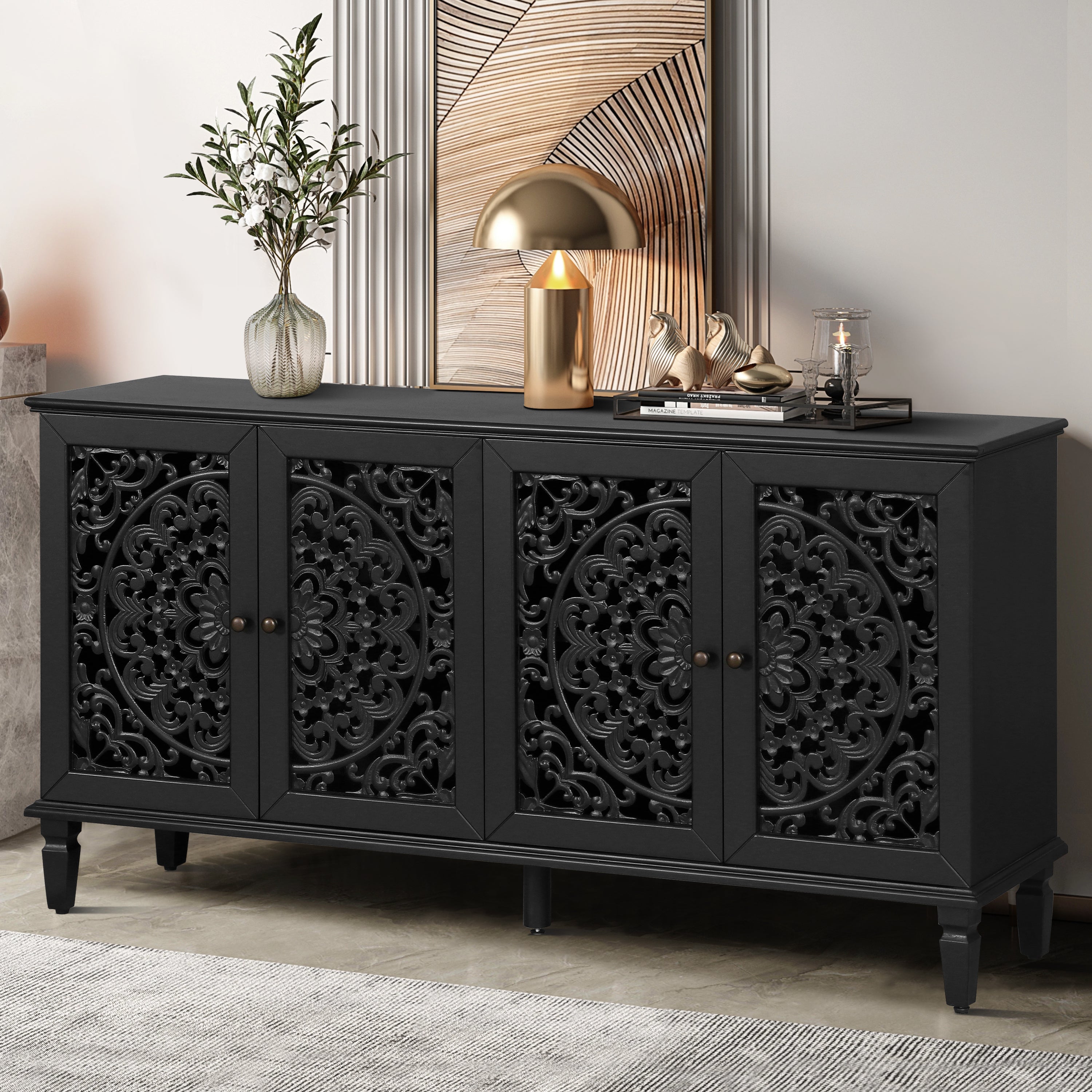 Floral carved door buffet cabinet antique black finish
