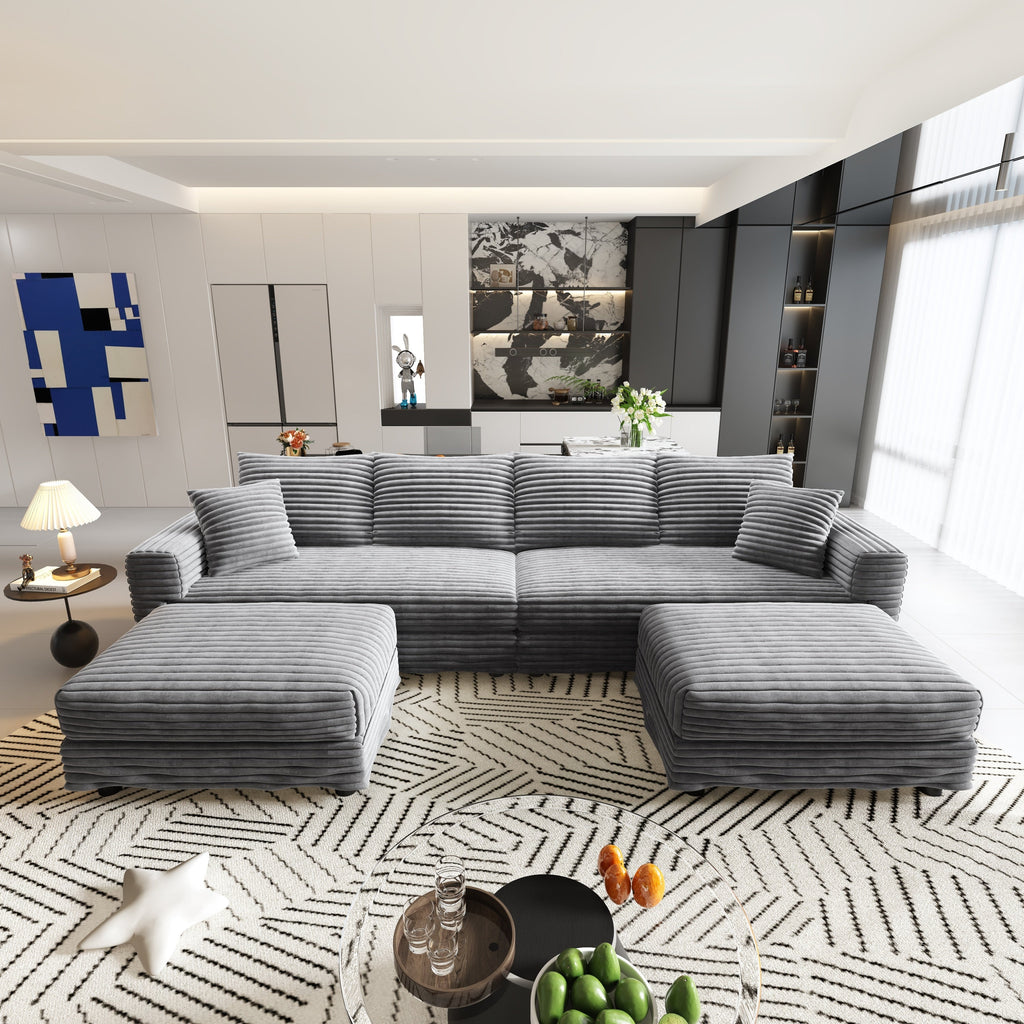 102.4 'Plush Corduroy 4-Seat Sofa,Modern Comfy Upholstered Sofa Cloud Couch,Deep Seat Couches with Soft Pillows and 3 Ottomans,Convertible Sofa Lounge Chair,Black(Old SKU:W1885S00287)