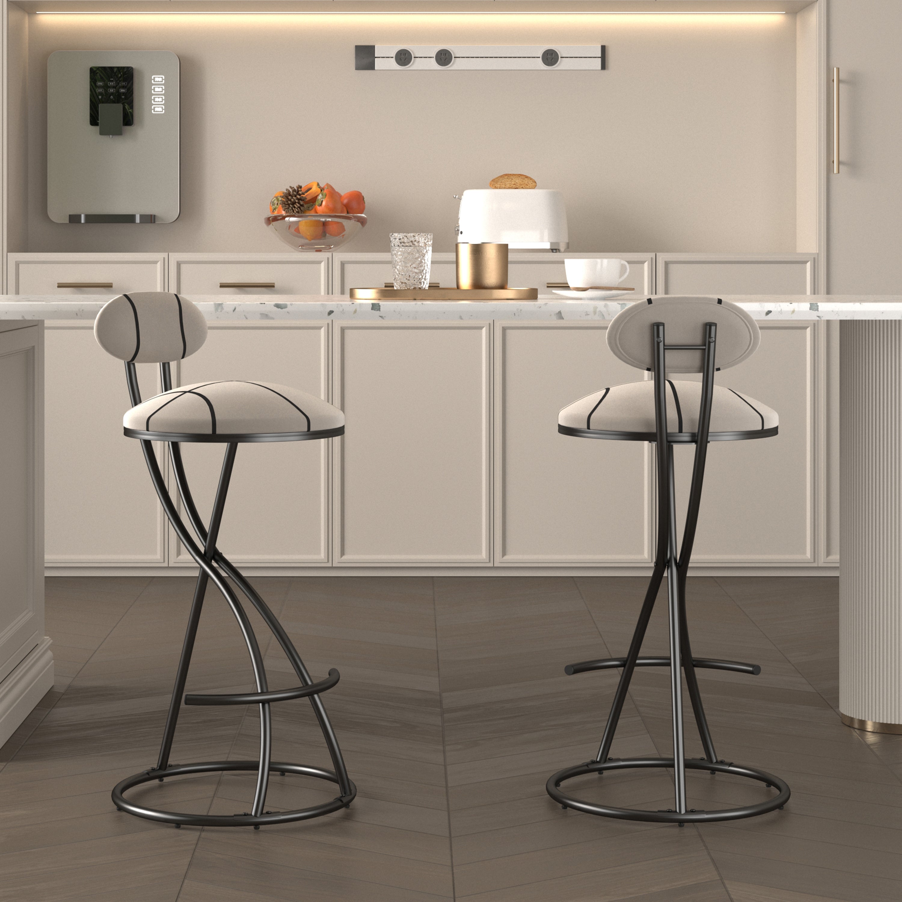 Upholstered Bar Stools Set of 2 Striped Counter Height Barstools Modern Velvet Dining Chairs for Kitchen Island, Living Room (Black & Stripe)
