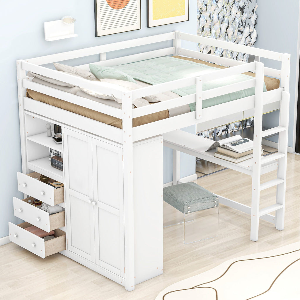 Full Size Loft Bed with Wardrobe, Desk & Storage Drawers — Pine Wood