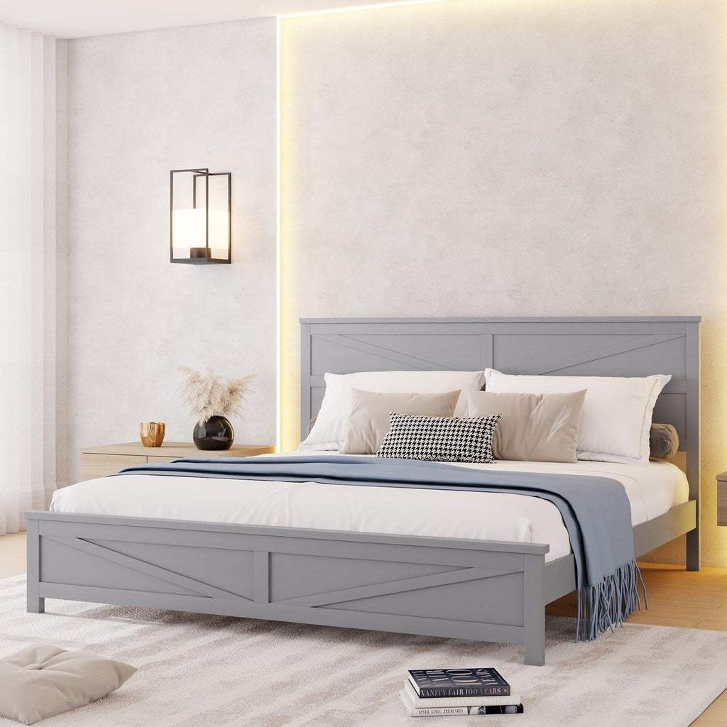 Farmhouse Style King Size Bed with Barn Door Designed Headboard and Footboard, Pinewood Bed with Strengthened Bed Frame,White