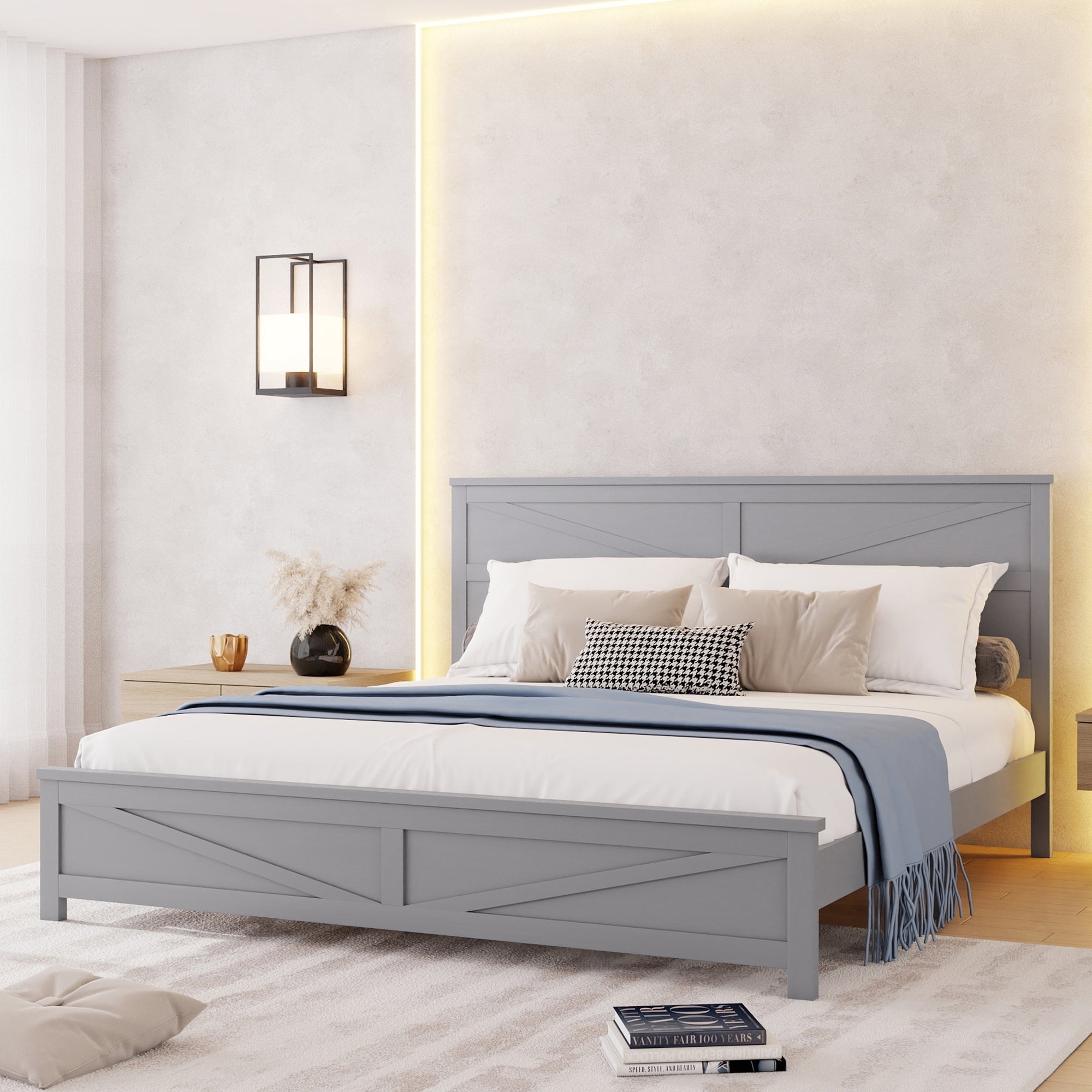 Farmhouse Style King Size Bed with Barn Door Designed Headboard and Footboard, Pinewood Bed with Strengthened Bed Frame,White