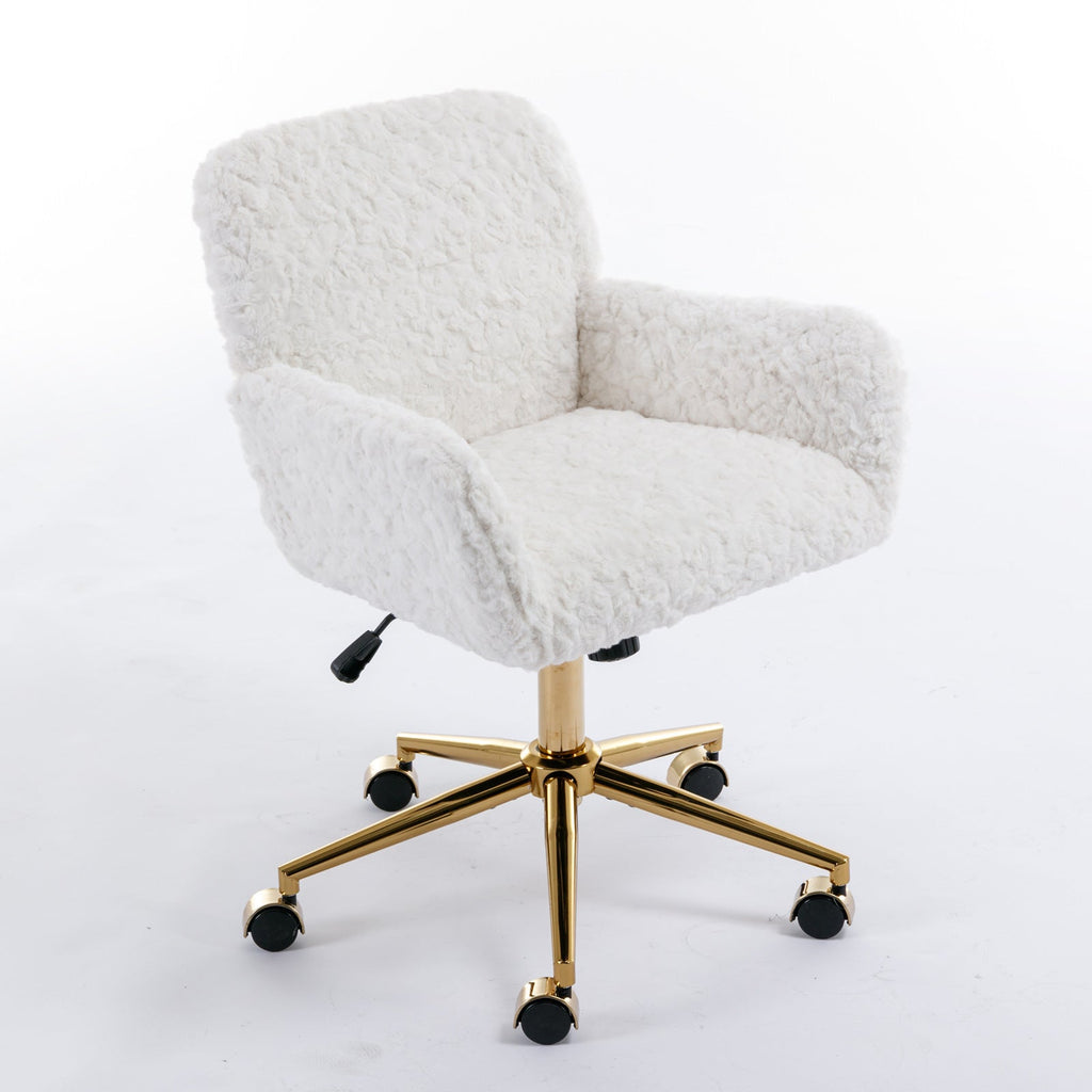 Faux Fur Office Chair — 40° Reclining with Gold Metal Base & Wheels
