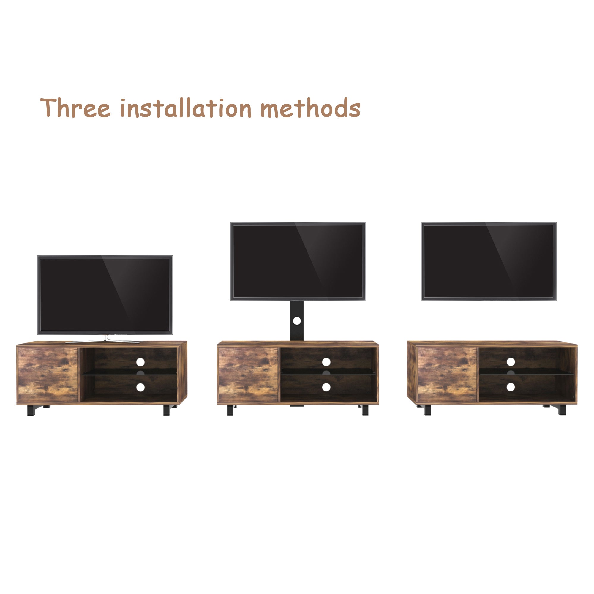 Push-to-open cabinet door detail on rustic brown TV console