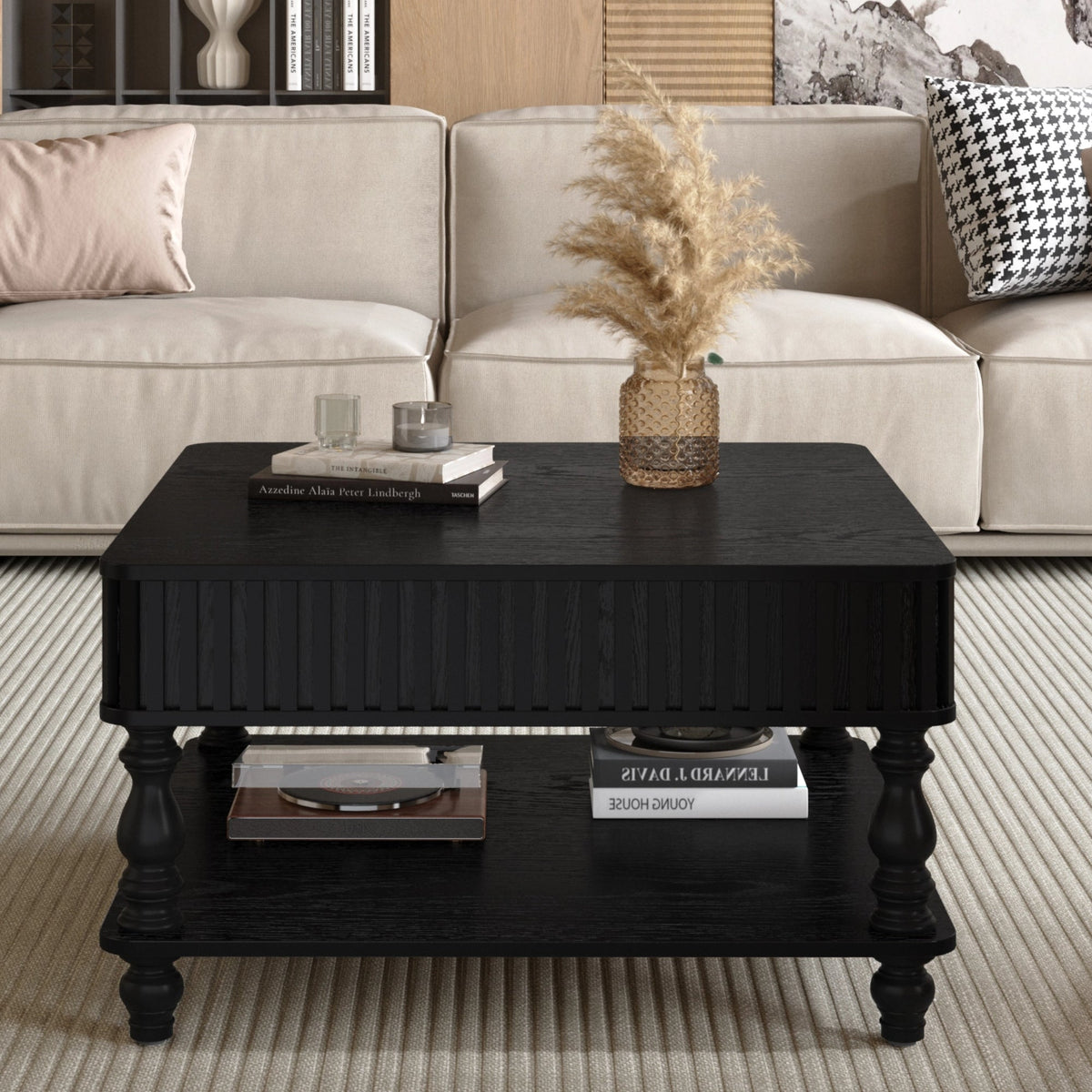 31.5 Inch Square Fluted Lift-Top Coffee Table with Hidden & Open Storage, Hydraulic Raising Mechanism, Retro Solid Wood Legs for Living Room, Sofa (Natural Wood)