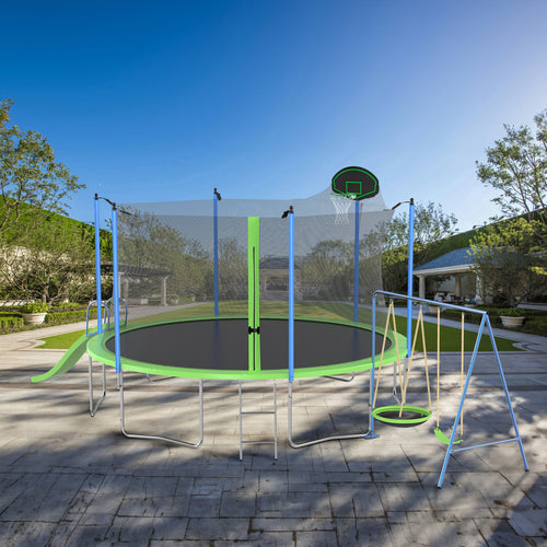 Green backyard trampoline with safety enclosure net swing and slide