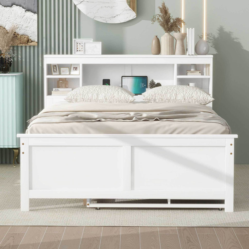Storage headboard with USB charging ports close-up