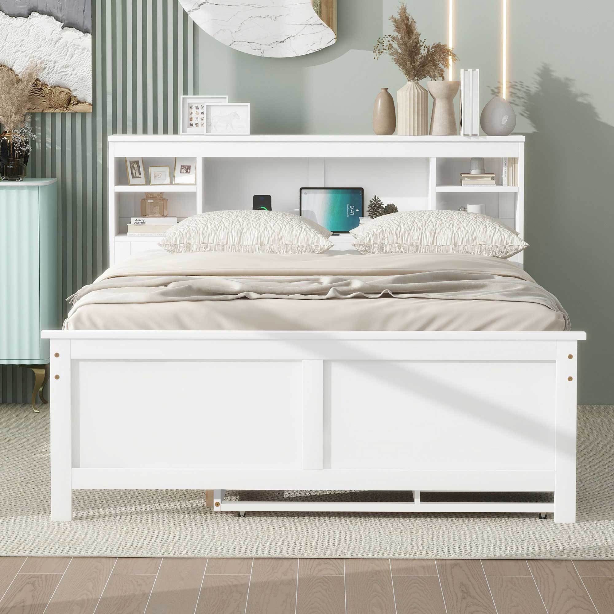Storage headboard with USB charging ports close-up