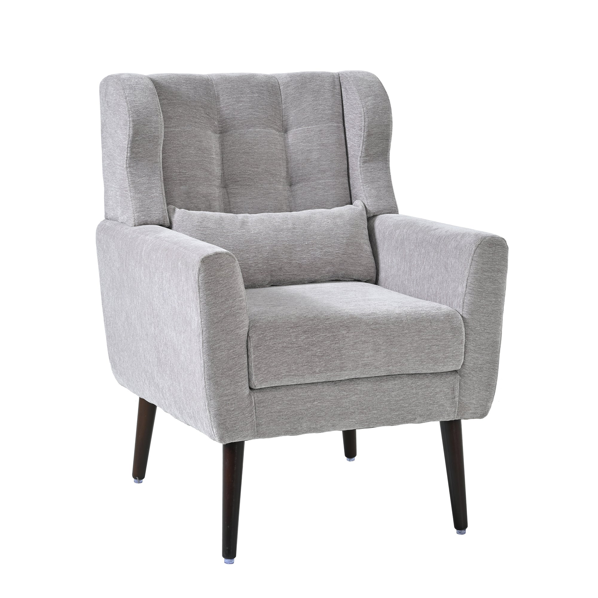 Chenille Accent Chair with Lumbar Pillow — Mid-Century Rubberwood Legs