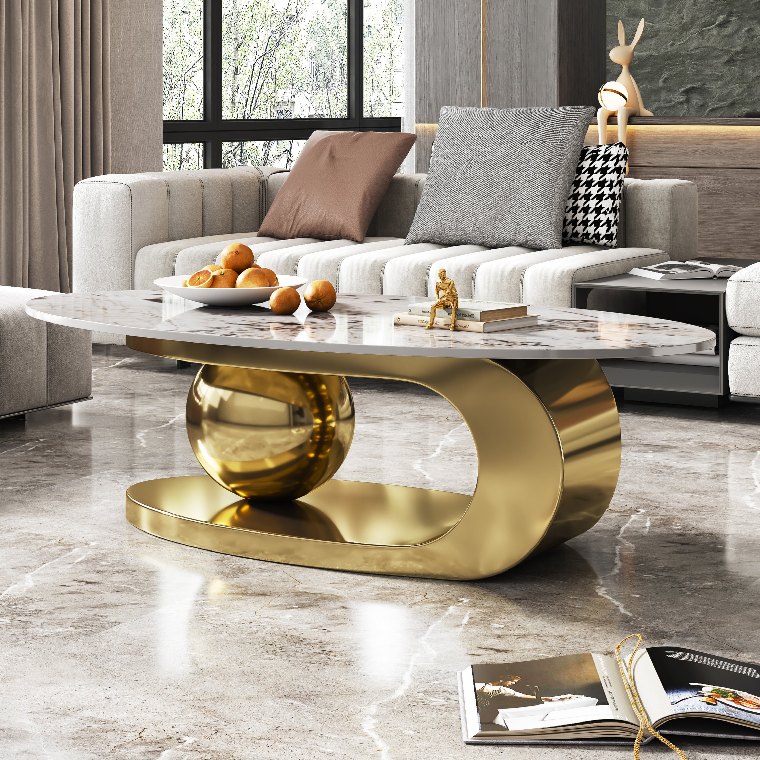 Luxury oval coffee table sintered stone top with stainless steel sled base