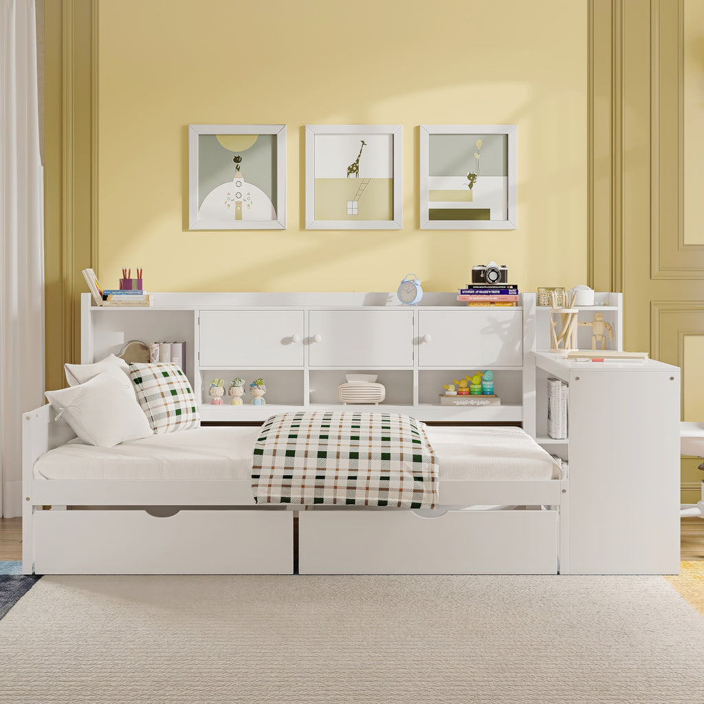 Wooden L-Shape Daybed with Seven Storage Cabinets and Two Storage Drawers, Multi-functional Bed with Study Desk and Built-in Bookshelf, White(Old SKU:N733S247070K)