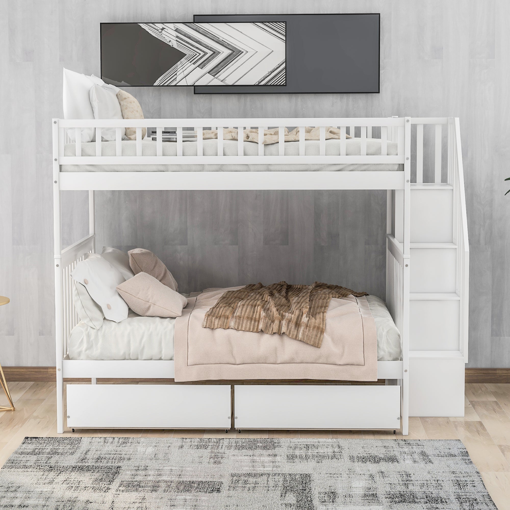 Full over full bunk bed with two wheeled under-bed storage drawers