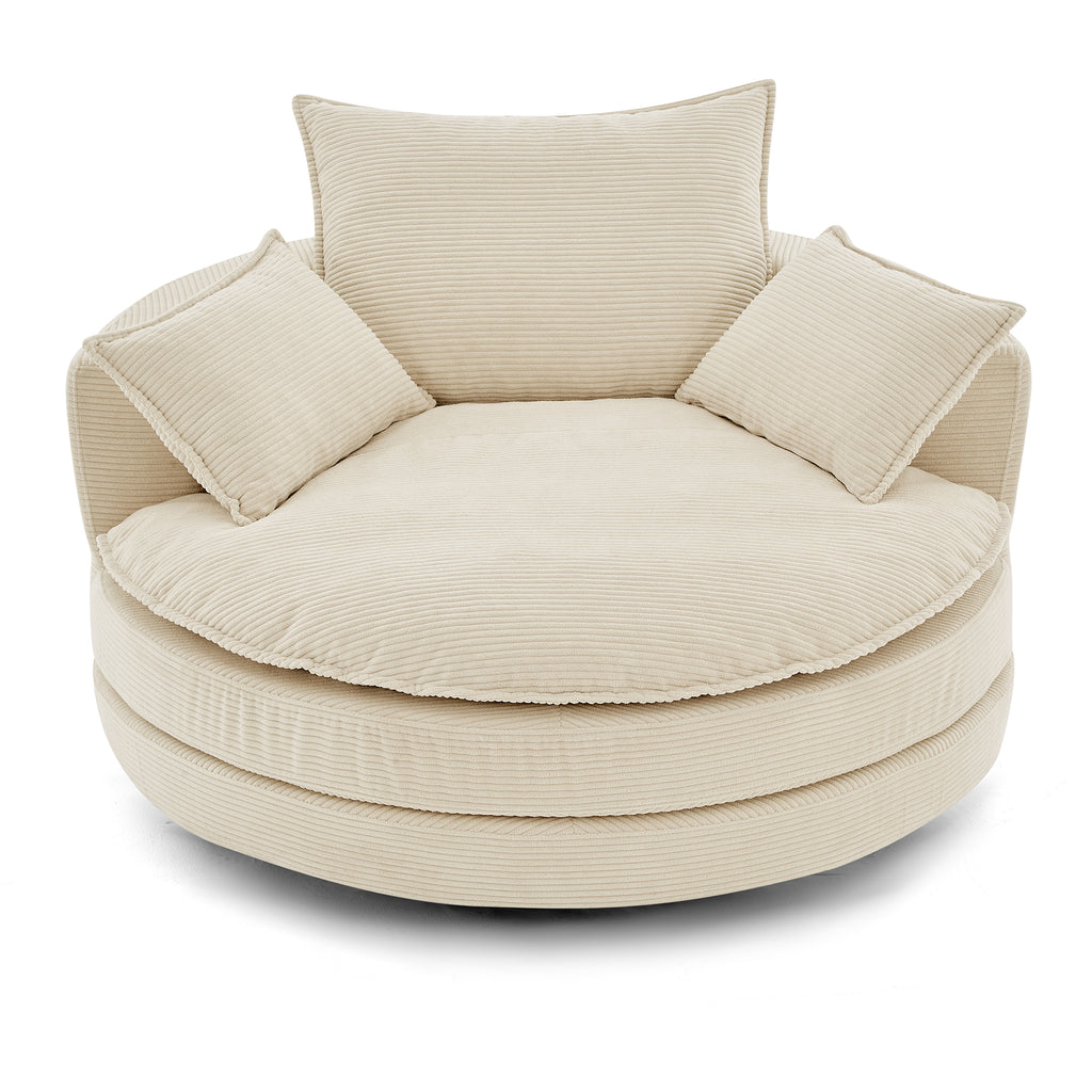 Beige corduroy swivel barrel chair — front view