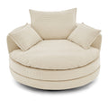 Beige corduroy swivel barrel chair — front view