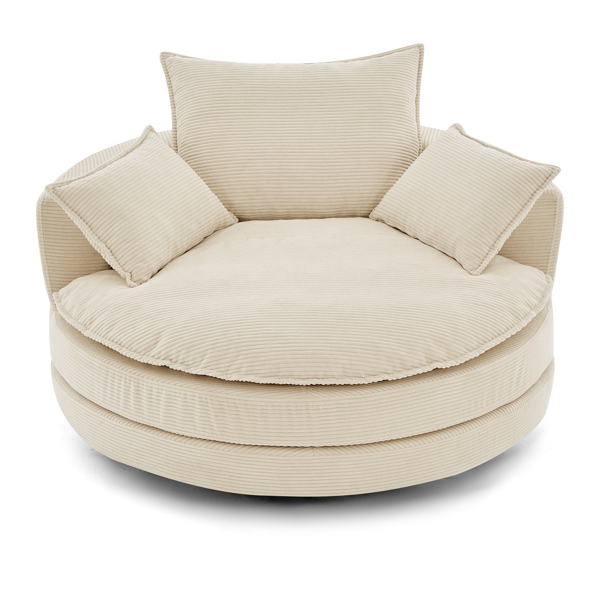 Beige corduroy swivel barrel chair — front view