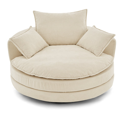 Beige corduroy swivel barrel chair — front view