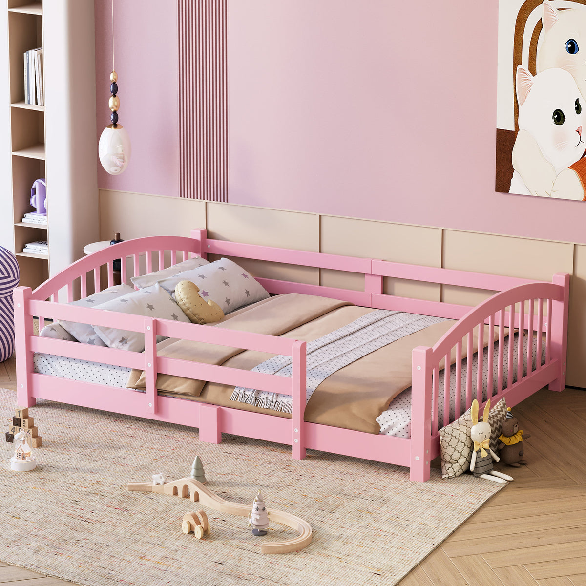 Full Montessori Floor Bed with Slats and Safety Guardrails, Solid Wood Floor Bed with Fence and Without Door, Easy Assemble Montessori Bed for Girls and Boys, Gray