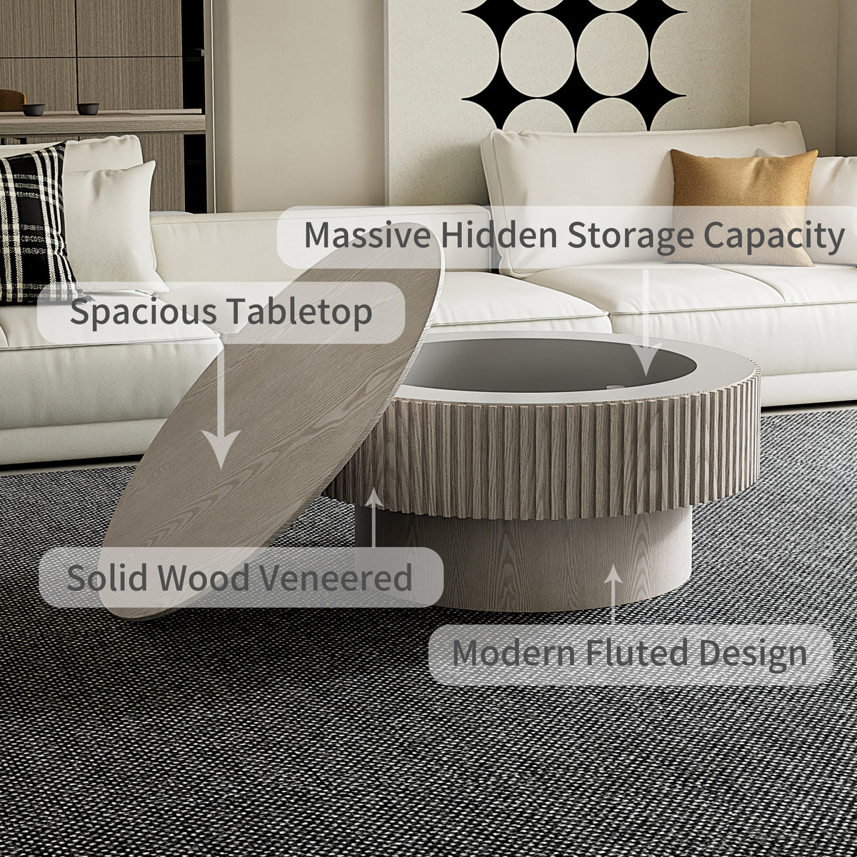 31.5'' Round Coffee Table with Storage Solid Wood Veneered Modern Coffee Table Accent Tea Table for Living Room, Bedroom, Apartment or Office, Grey