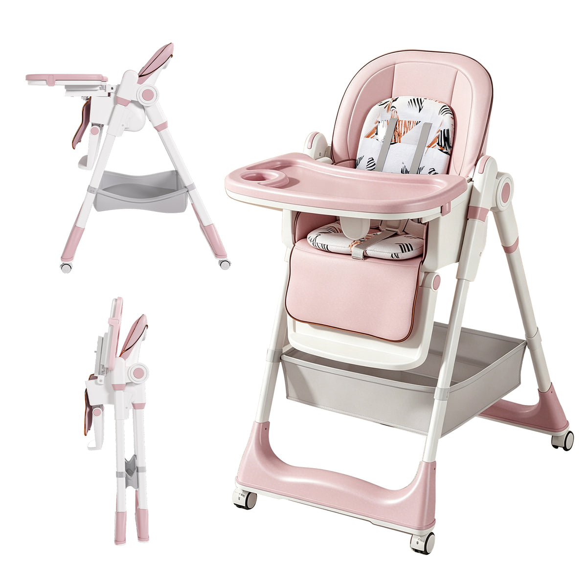 Adjustable Baby High Chair 0-6 Years – Portable Feeding Seat with Safety Belt, Silent Lockable Wheels & Easy-Clean Design in Pink, Made of Polypropylene