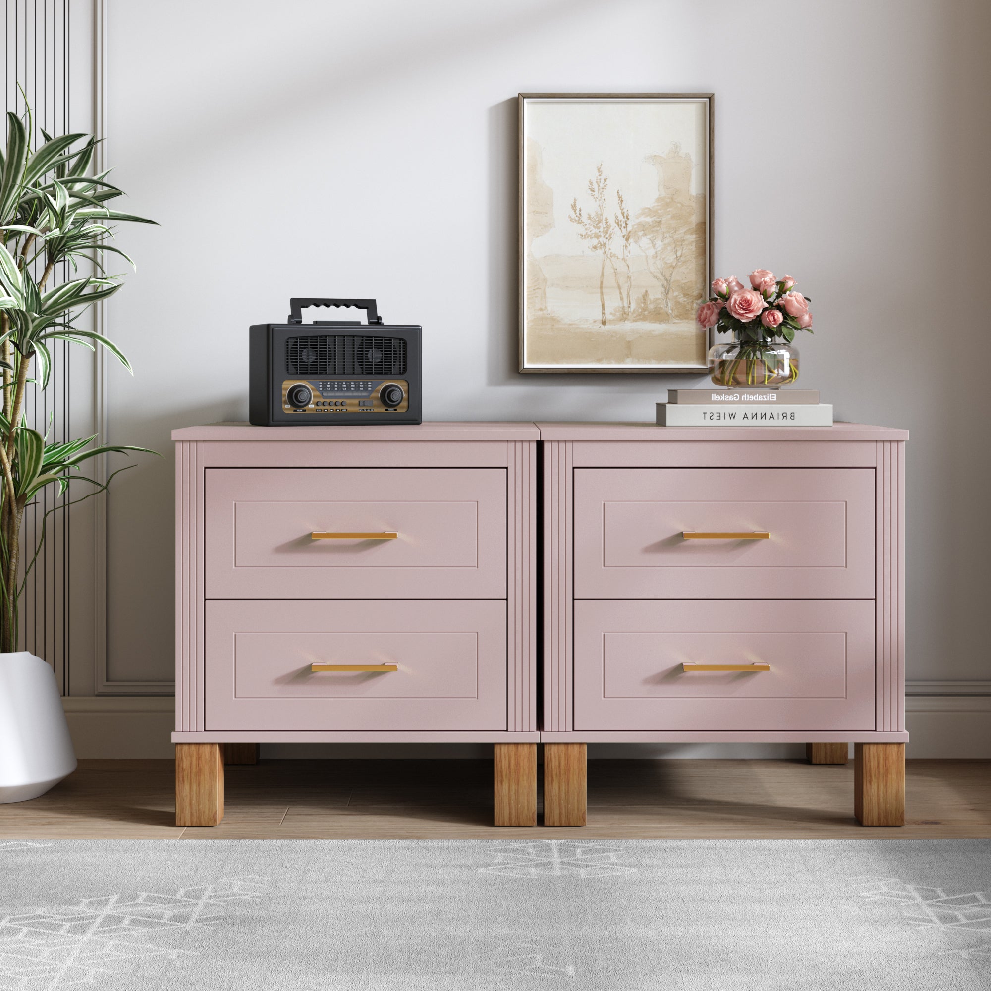 2 Drawer Nightstand, Premium Wood Storage with Elegant Fluted Design, Solid Wood Legs Nightstand with Metal Handle, Tall Bedside Table for Bedroom Living Room, White