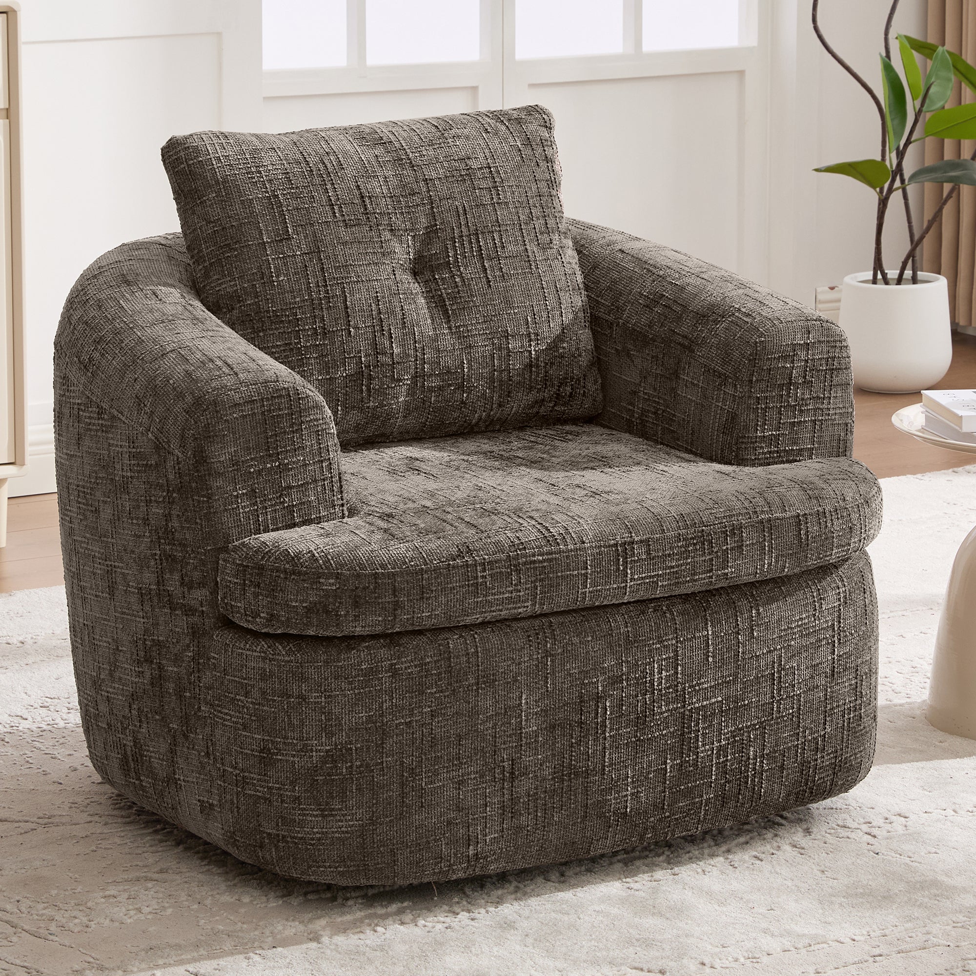 360 degree swivel accent chair in brown chenille
