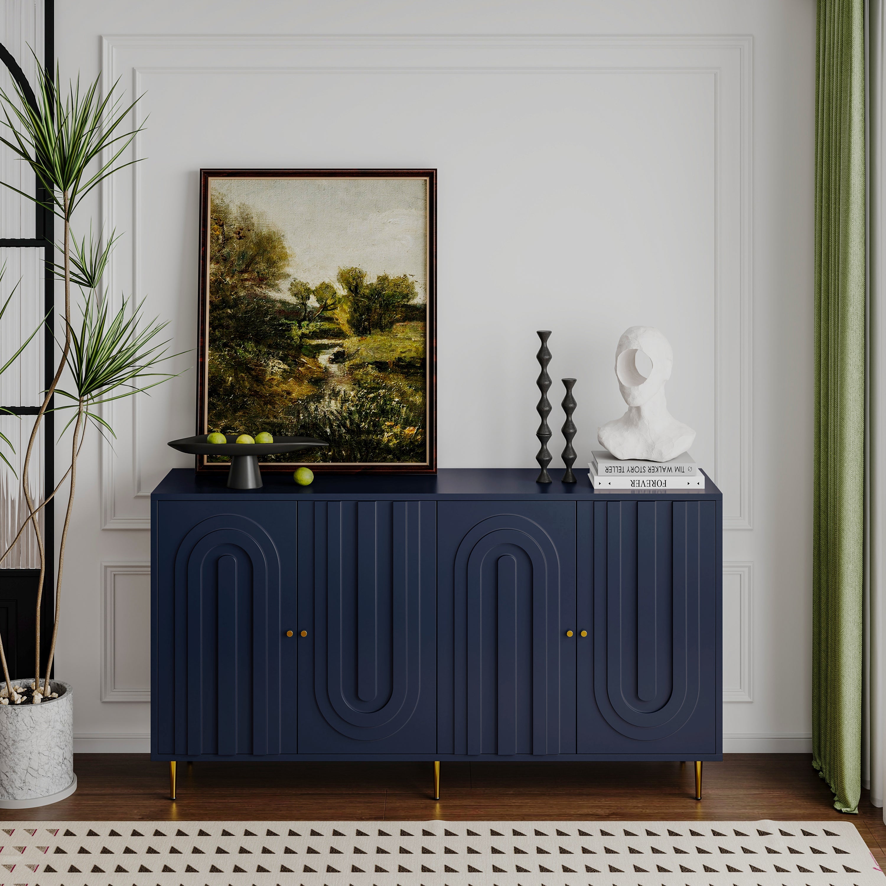 60" 4-Door Lacquered Sideboard — Gold Metal Legs & Knobs