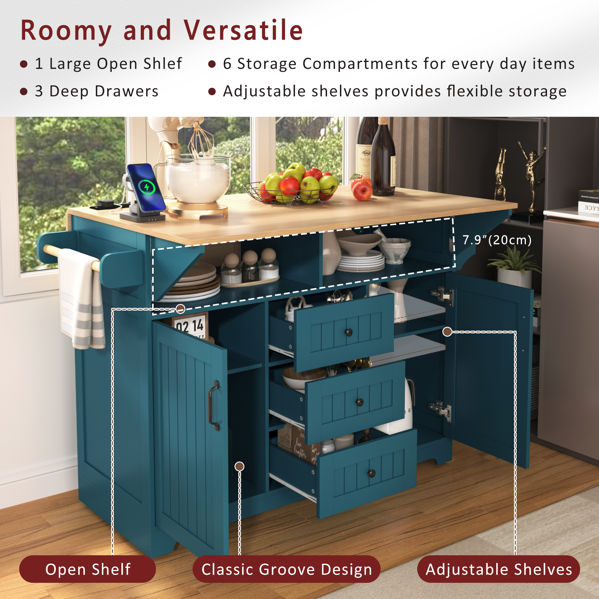K&K 55.7'' Large Kitchen Island with 2 Drop Leaf,, Rolling Kitchen Cart on 5 Wheels with Power Outlet, Folding Storage Dining Table with Spice & Towel Rack , 3 Drawers, for Kitchen, Dining Room,Black