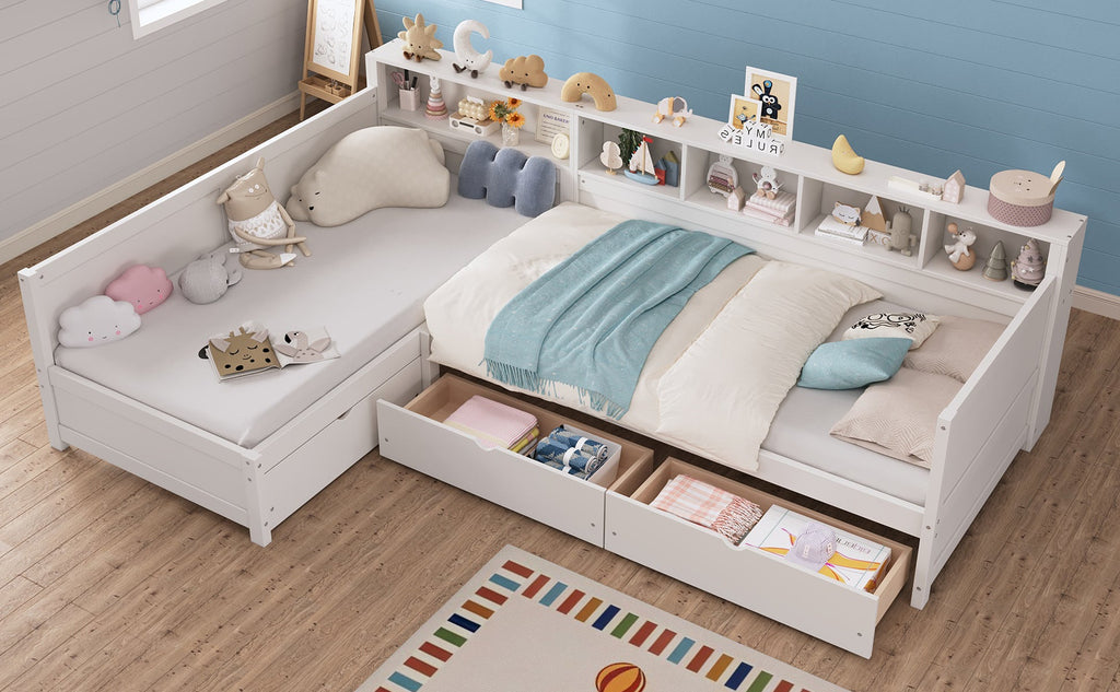 Twin Size Day Bed for 2, L- Shape Twin Size Bed Frame with Storage 3 Drawers, Wooden Corner Bed with Bookshelf, Corner Bed Frame For Bedroom, Living Room,Grey