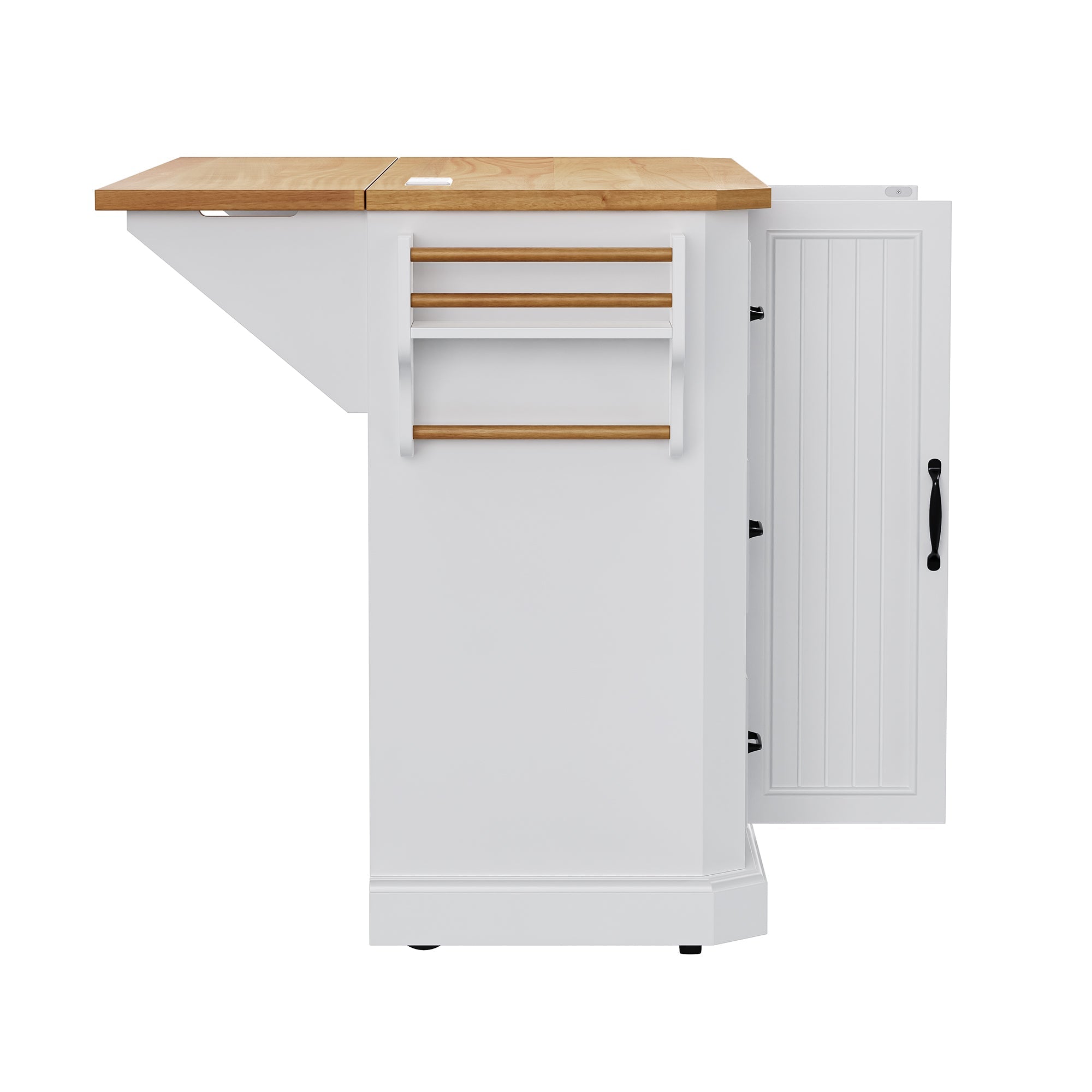K&K 56 inch Kitchen Island with Rubber Wood Veneer Drop Leaf, Power Outlet, 4 Door Shelves, Embossed Vertical Stripe Rolling Kitchen Cart on 4 Wheels with 6 Deep Drawers for Kitchen, Dining Room,Black