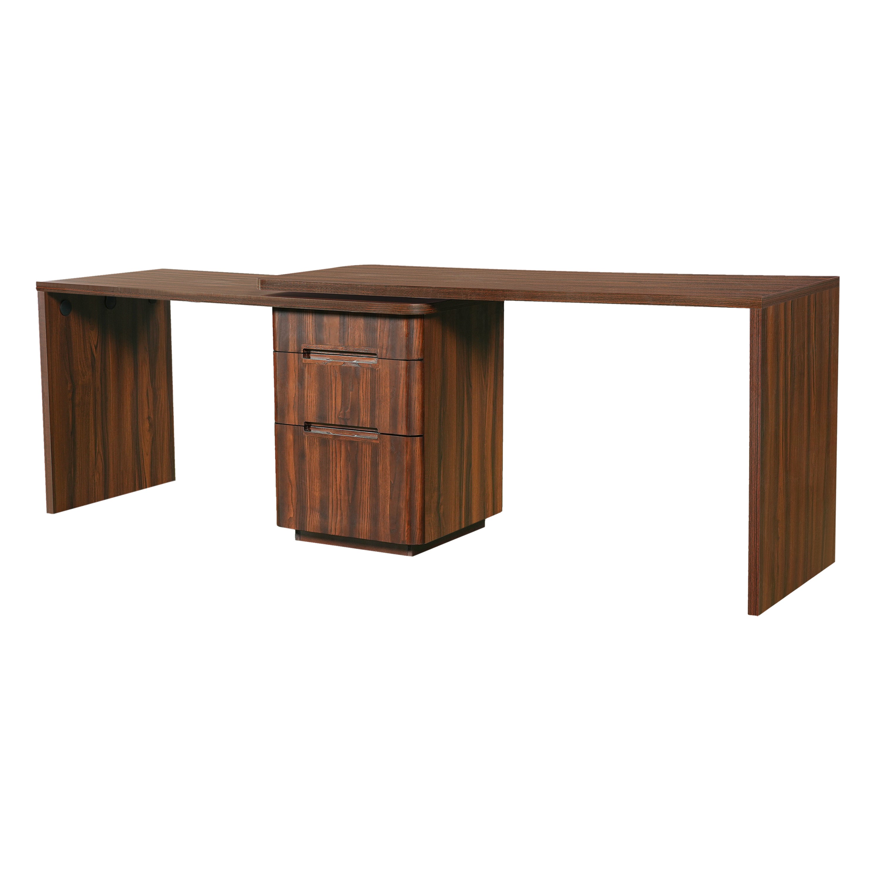 Walnut L-shaped executive desk with 360 rotating top and 3 drawers — product photo