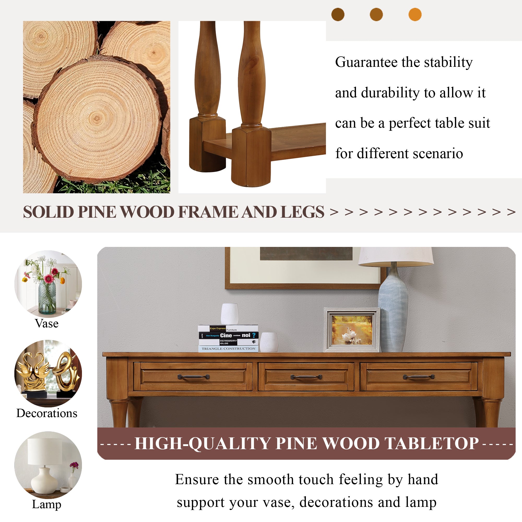 Brown console table solid pine wood extra-thick legs detail